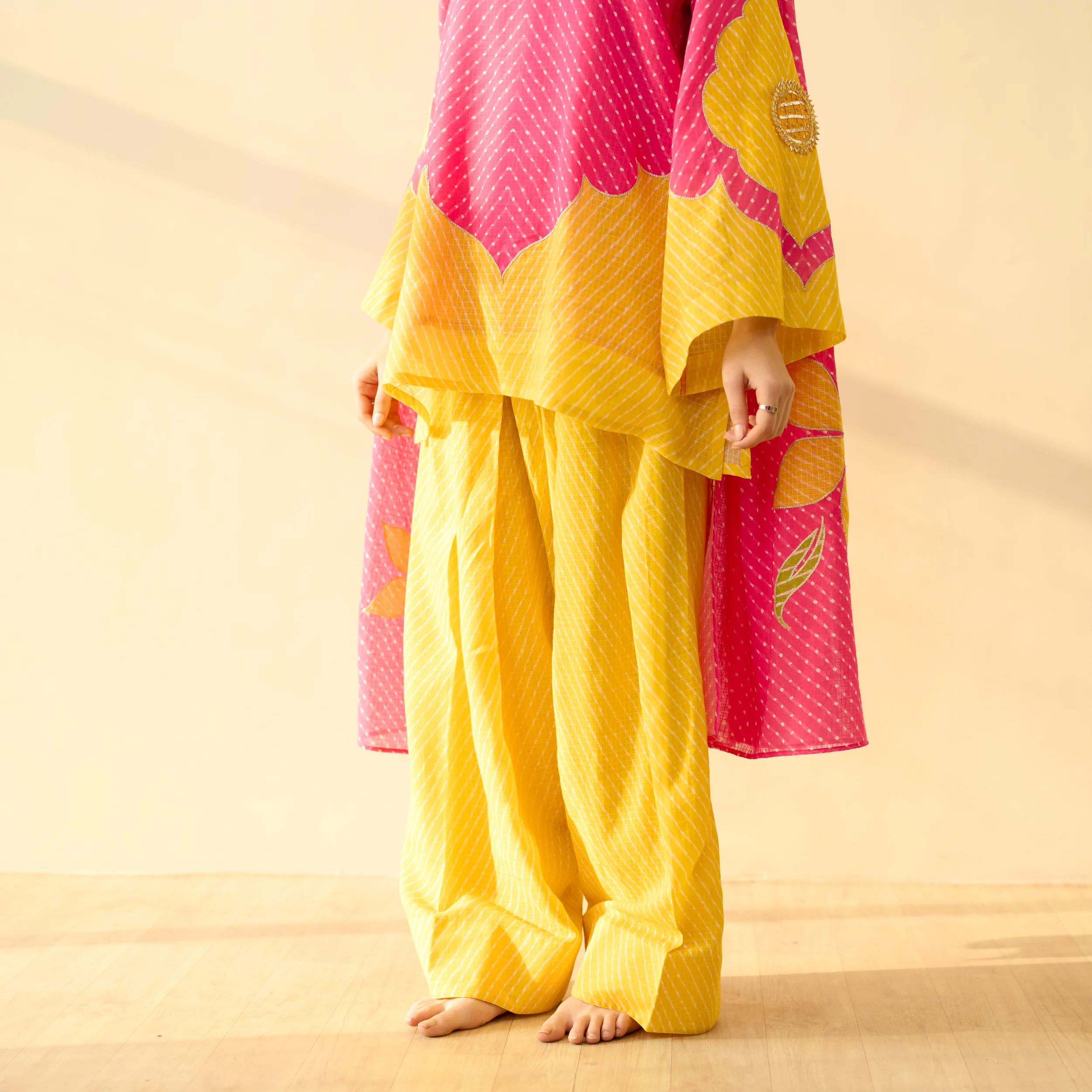 Sundari Kota Doria Cotton Farshi Set with Dupatta - Gulal Pink & Haldi Yellow - Image 8