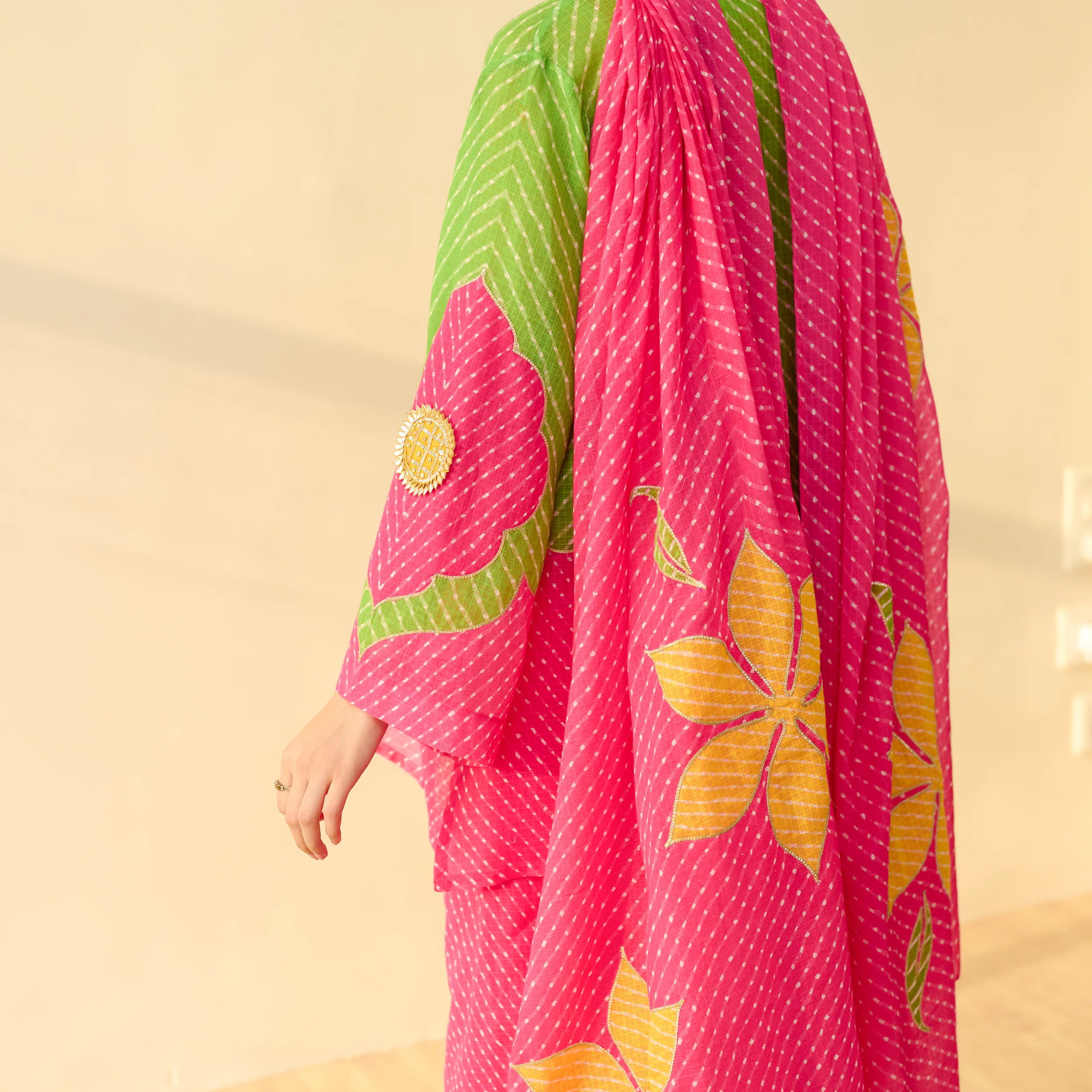 Sundari Kota Doria Cotton Farshi Set with Dupatta - Hot pink & Parrot Green - Image 2