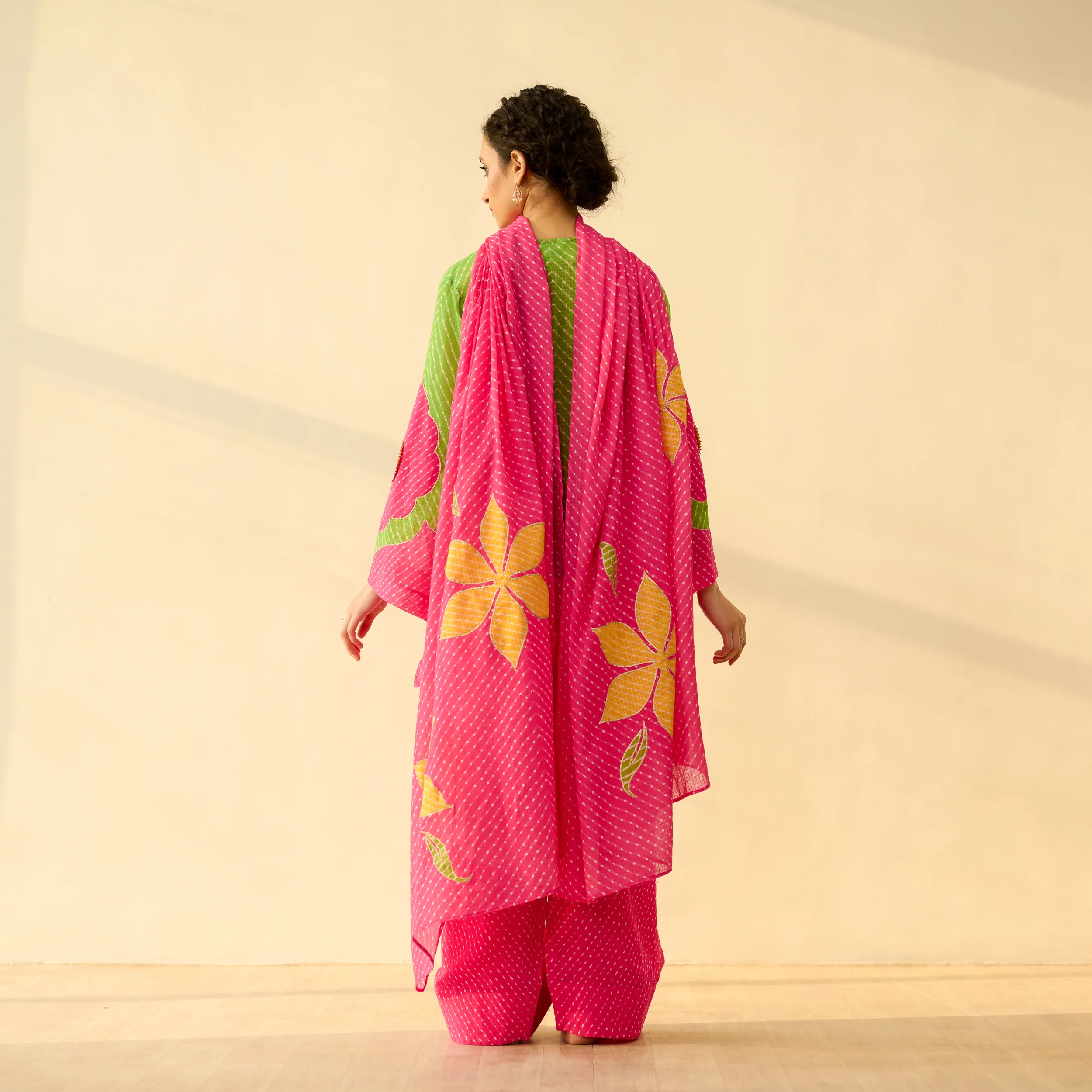 Sundari Kota Doria Cotton Farshi Set with Dupatta - Hot pink & Parrot Green - Image 3