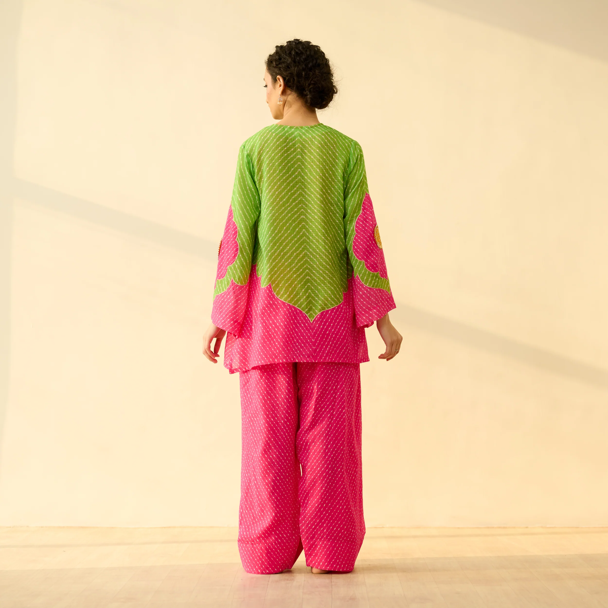 Sundari Kota Doria Cotton Farshi Set with Dupatta - Hot pink & Parrot Green - Image 5