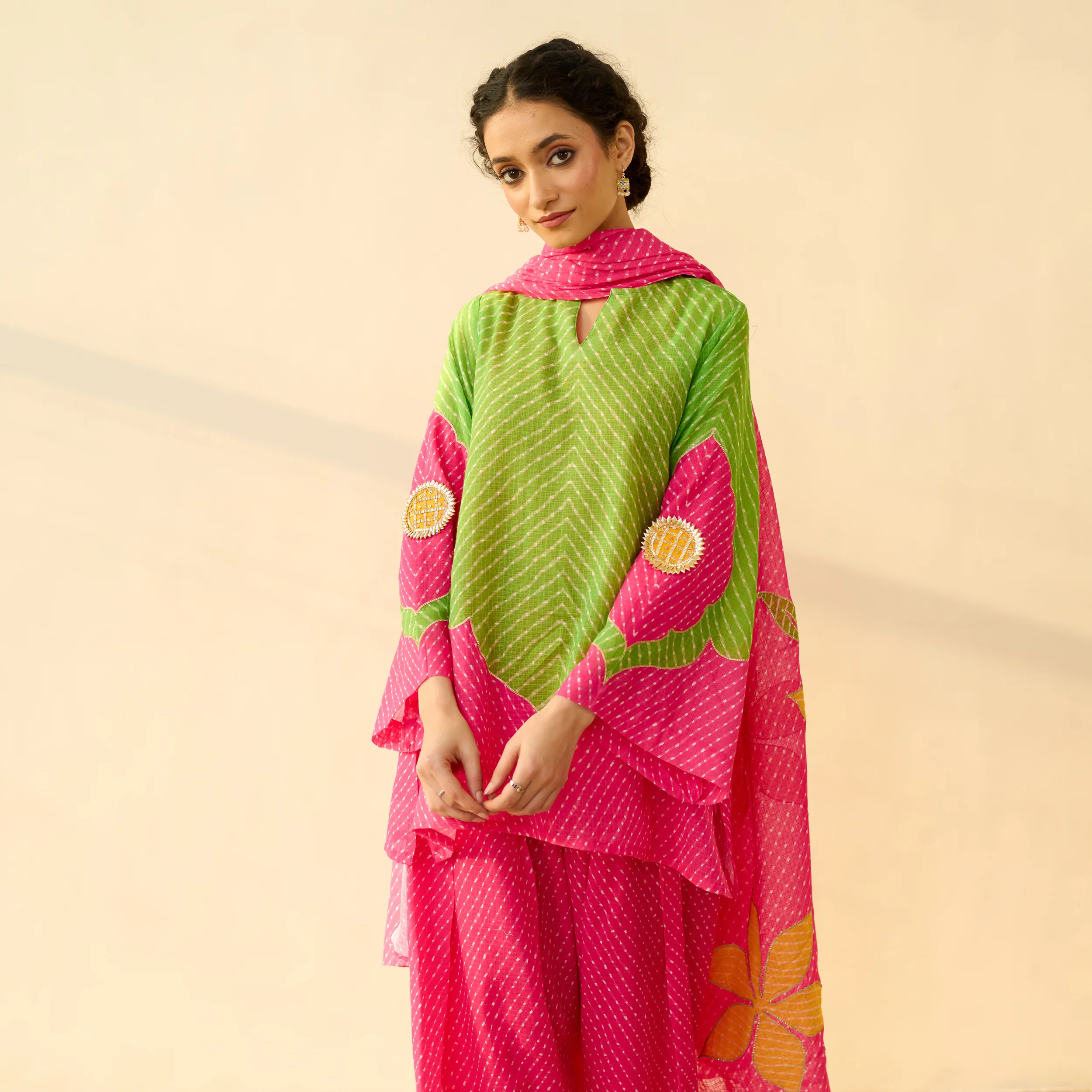 Sundari Kota Doria Cotton Farshi Set with Dupatta - Hot pink & Parrot Green - Image 7