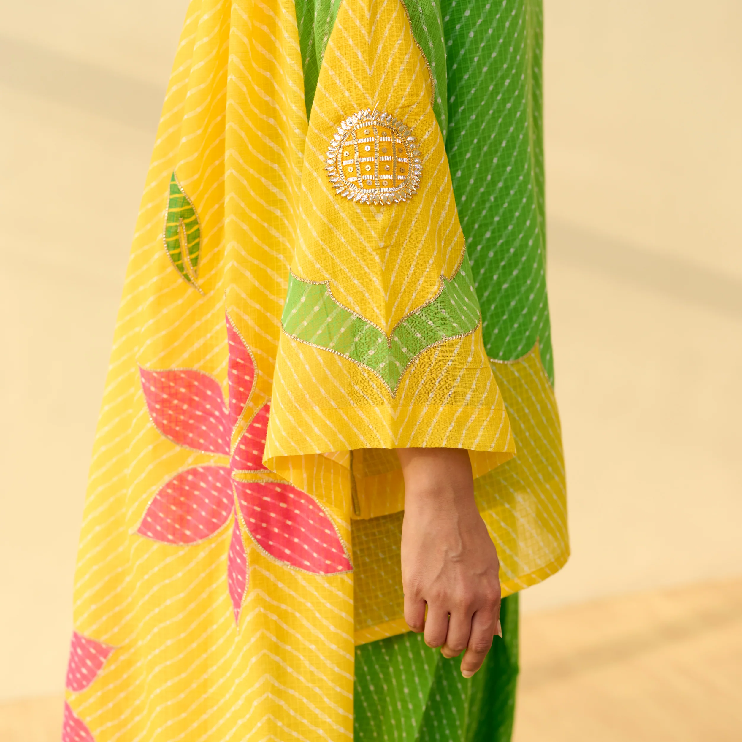 Sundari Kota Doria Cotton Farshi Set with Dupatta - Parrot Green & Turmeric Yellow - Image 2