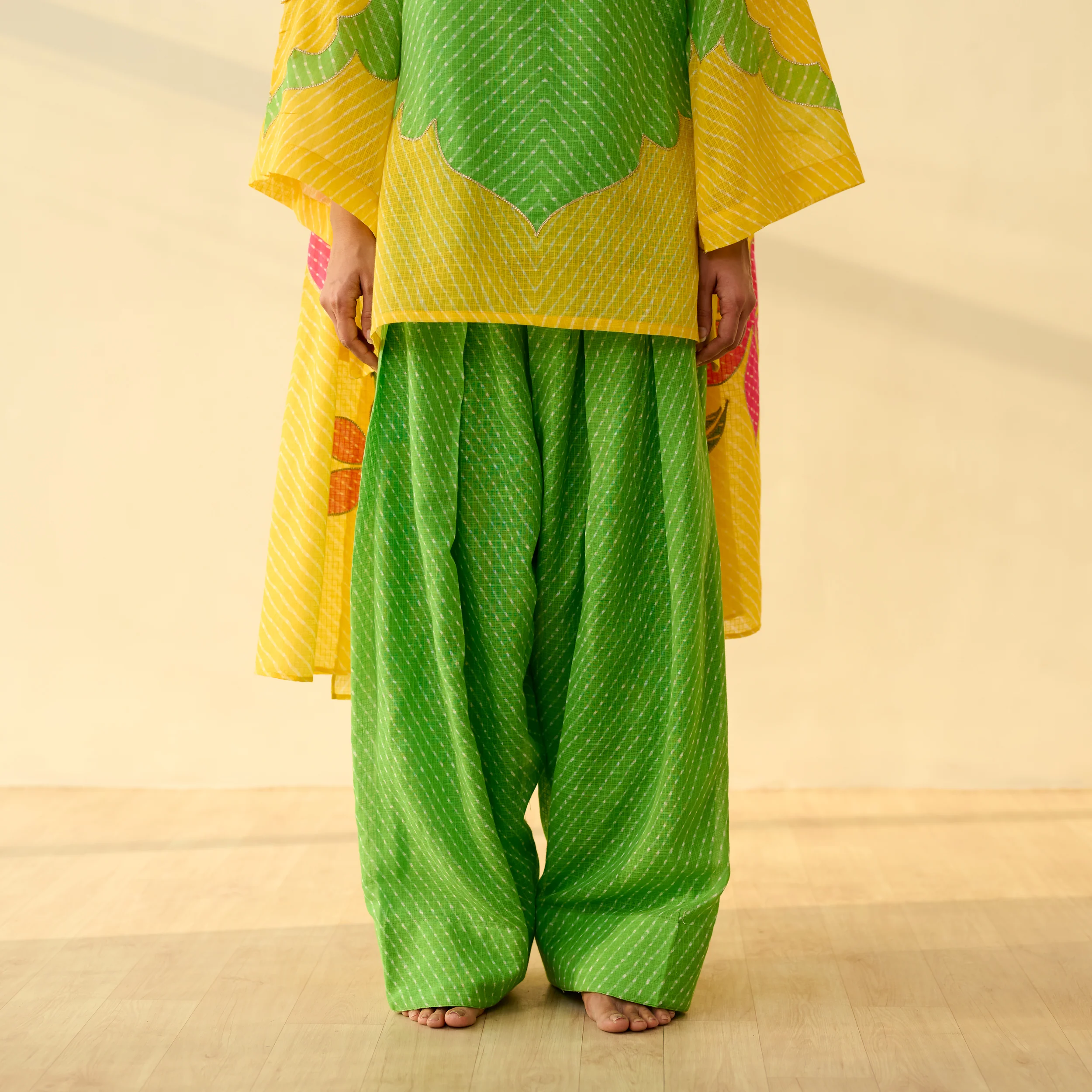 Sundari Kota Doria Cotton Farshi Set with Dupatta - Parrot Green & Turmeric Yellow - Image 3