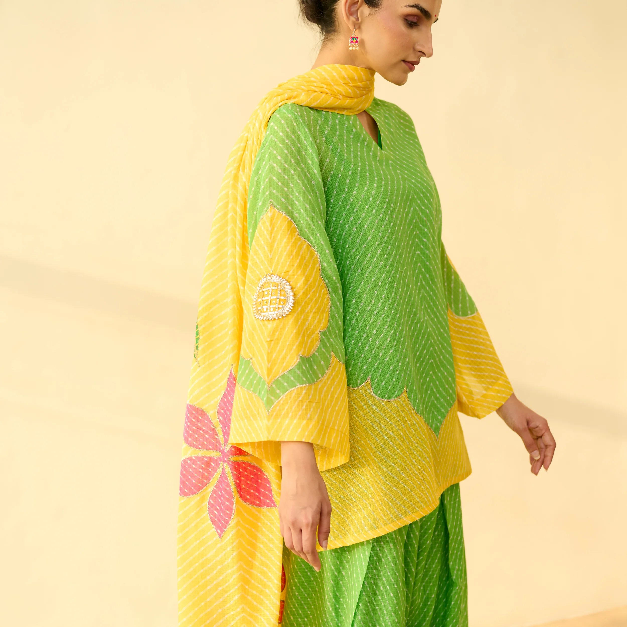 Sundari Kota Doria Cotton Farshi Set with Dupatta - Parrot Green & Turmeric Yellow - Image 4