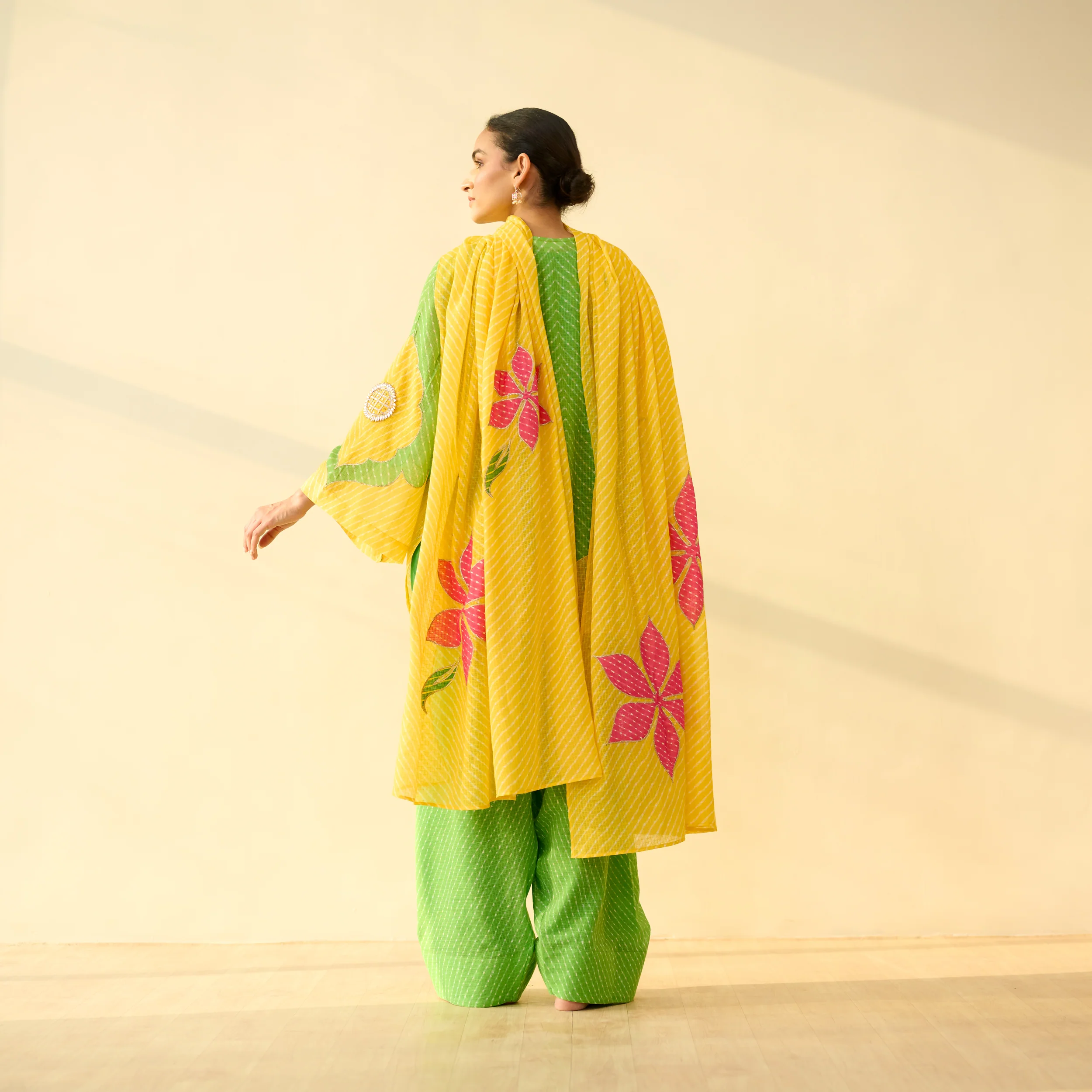 Sundari Kota Doria Cotton Farshi Set with Dupatta - Parrot Green & Turmeric Yellow - Image 5