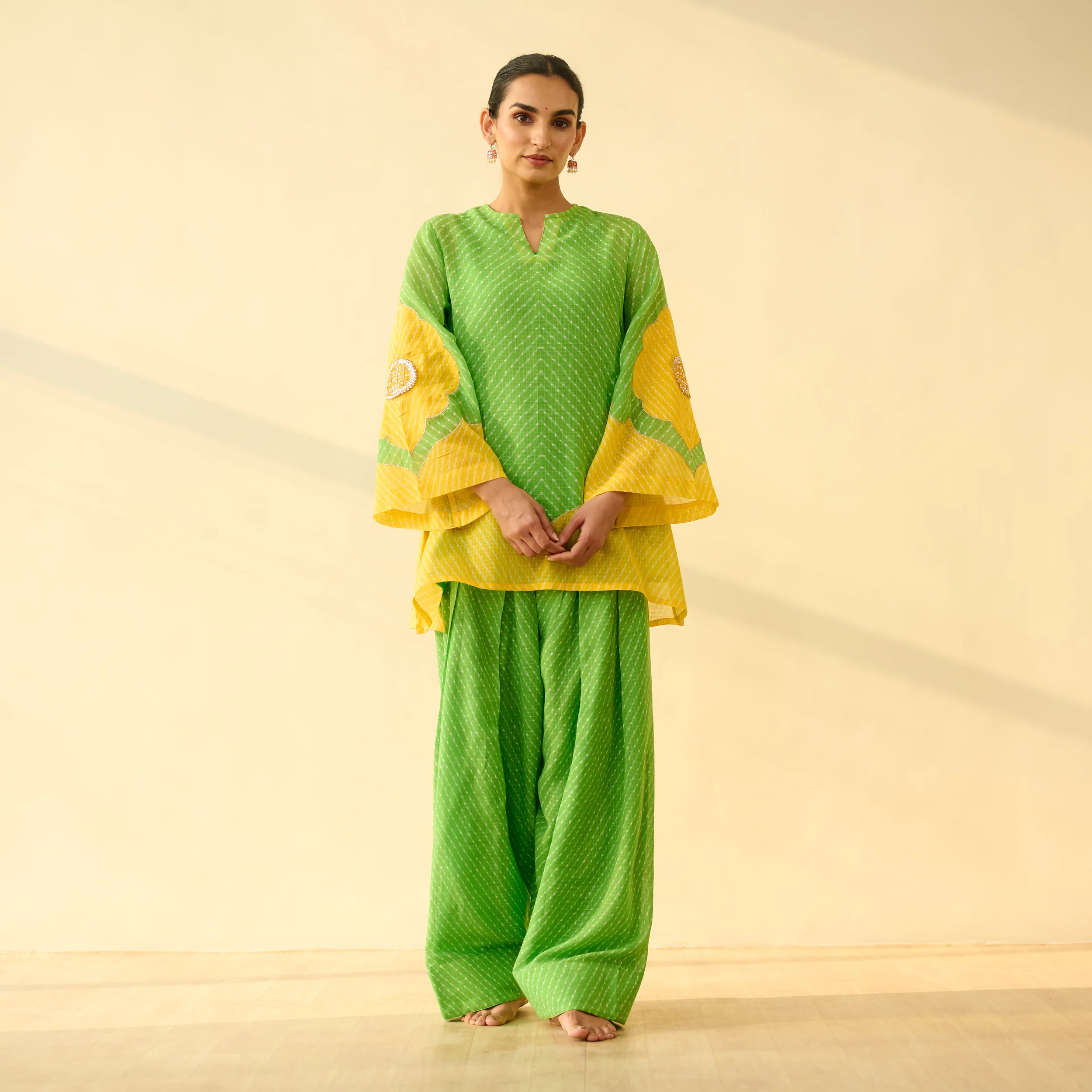 Sundari Kota Doria Cotton Farshi Set with Dupatta - Parrot Green & Turmeric Yellow - Image 6