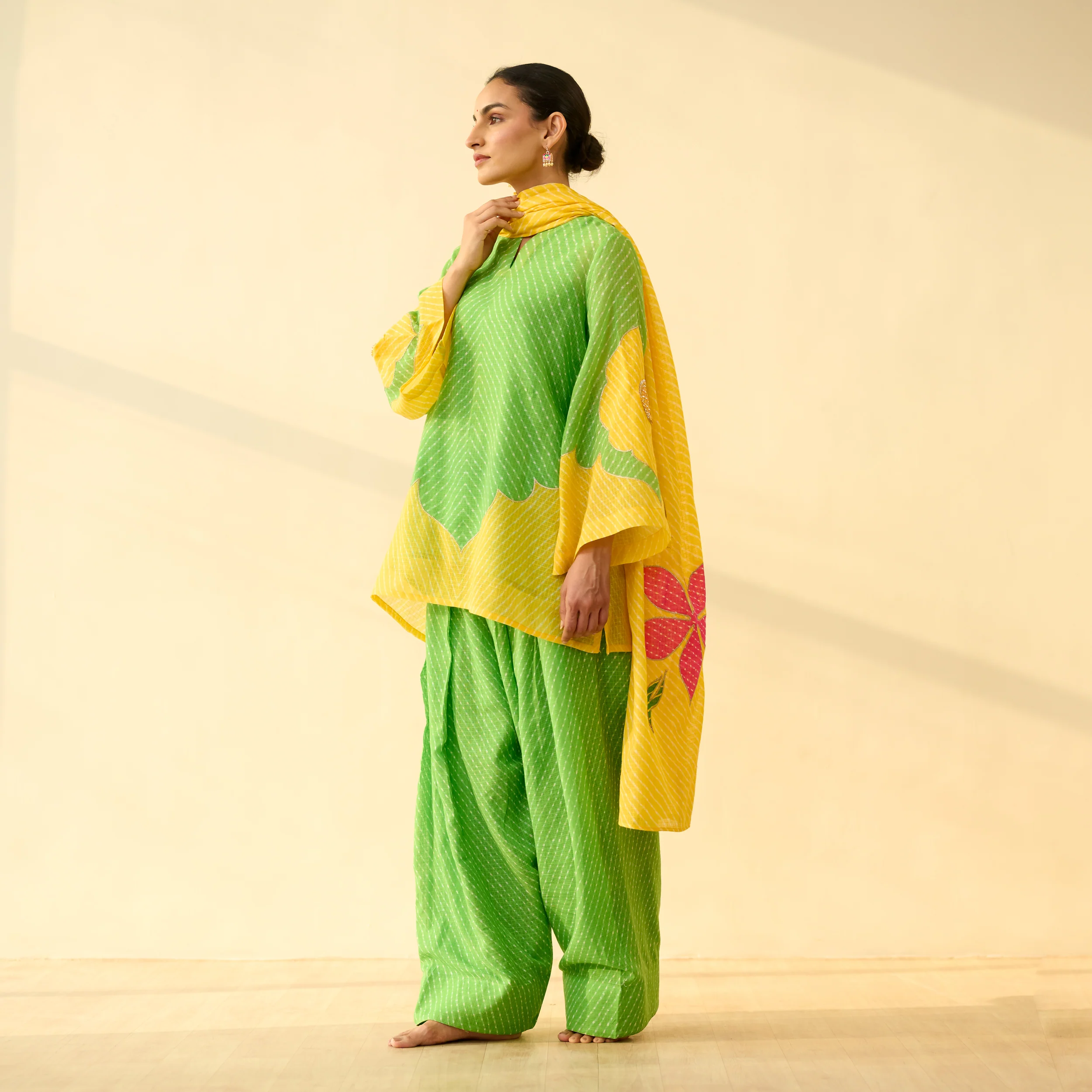 Sundari Kota Doria Cotton Farshi Set with Dupatta - Parrot Green & Turmeric Yellow - Image 7