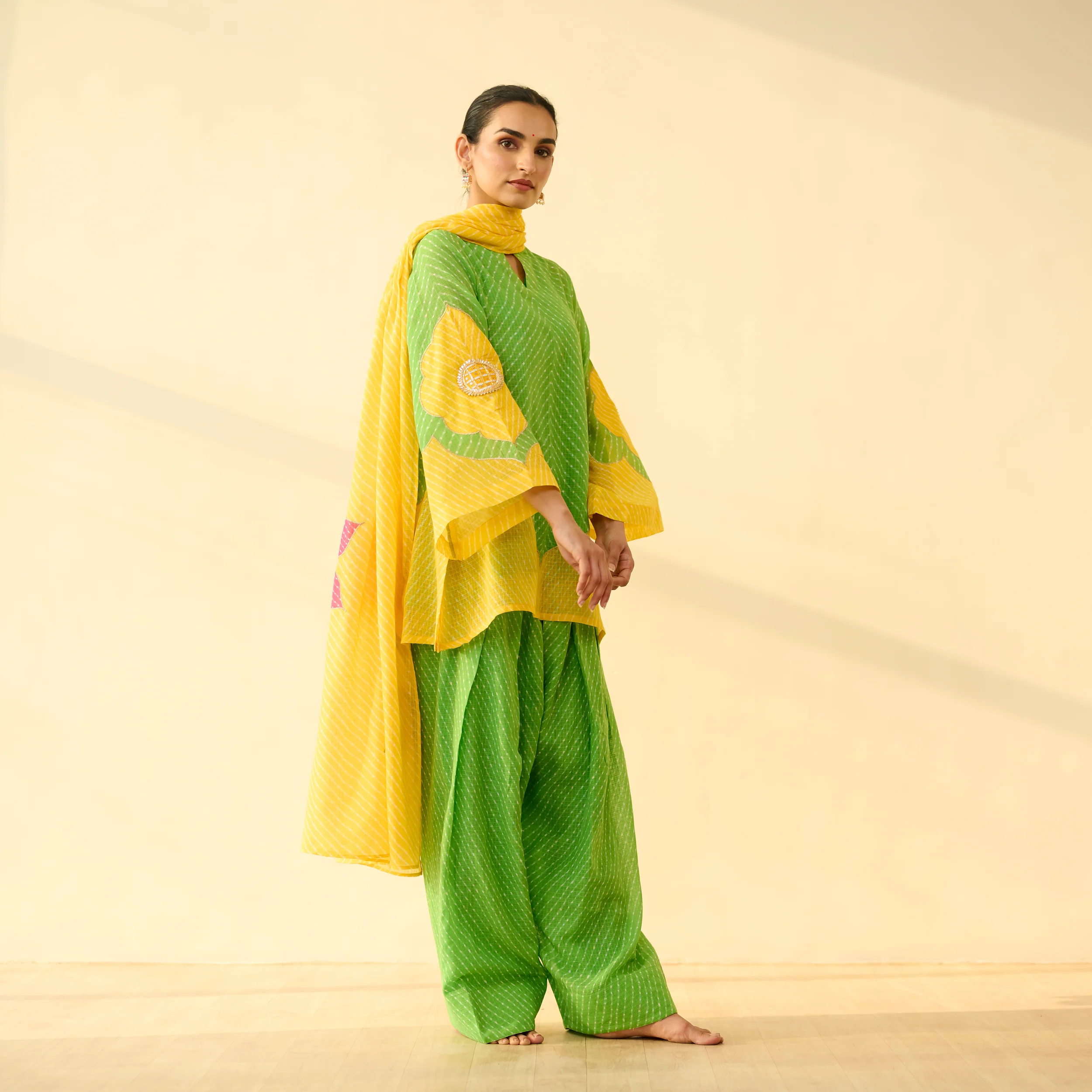 Sundari Kota Doria Cotton Farshi Set with Dupatta - Parrot Green & Turmeric Yellow - Image 8
