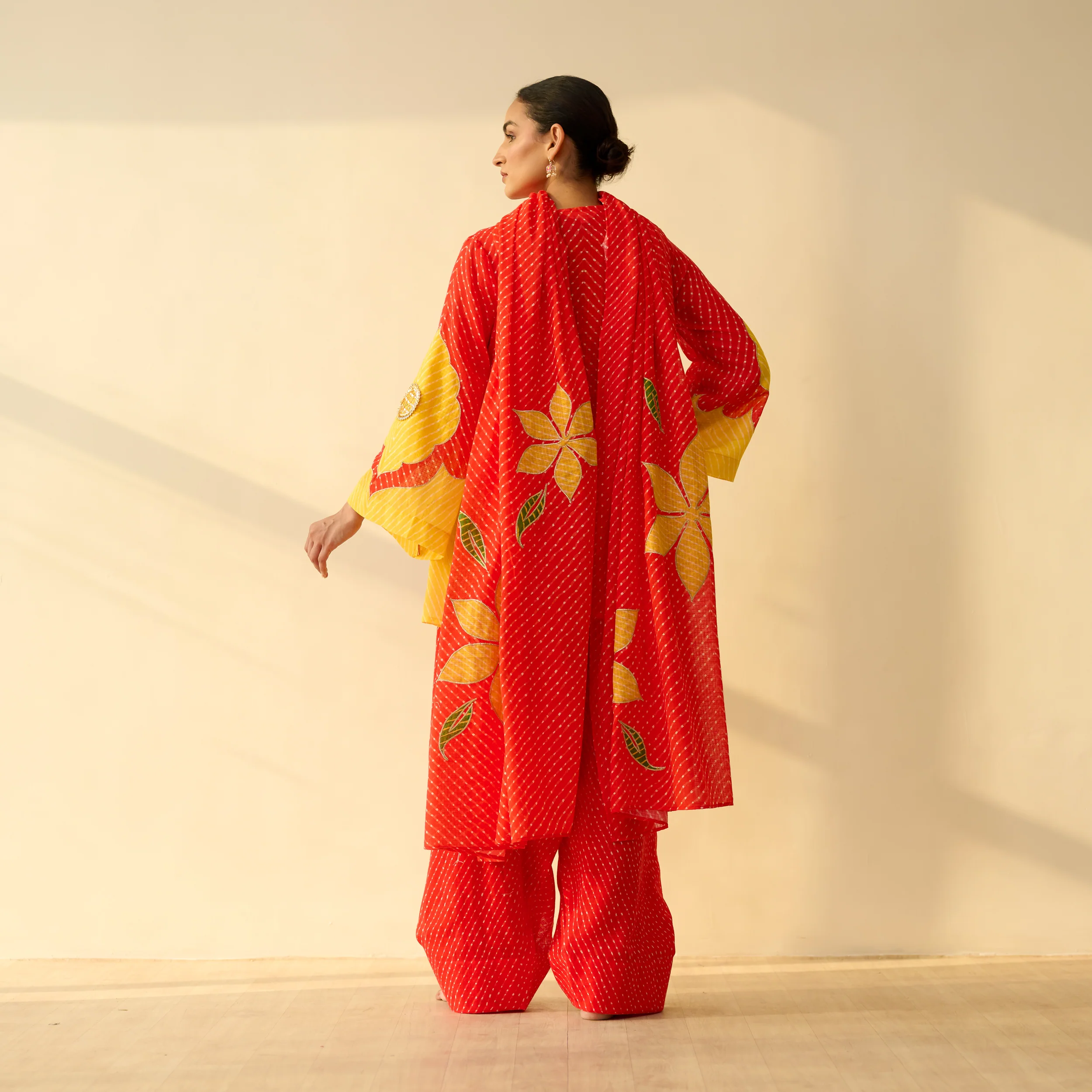 Sundari Kota Doria Cotton Farshi Set with Dupatta - Sindoori Laal & Haldi Yellow - Image 3