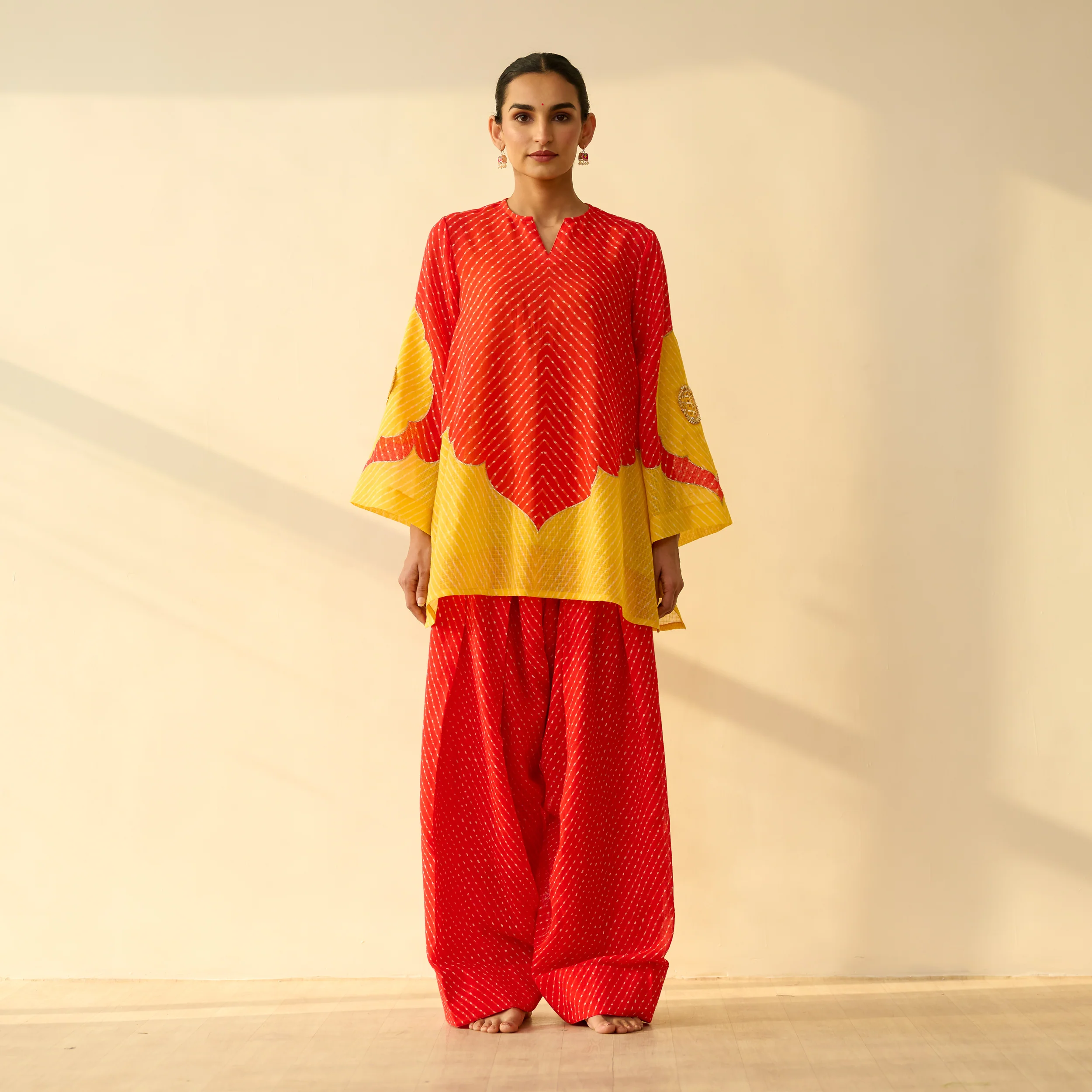 Sundari Kota Doria Cotton Farshi Set with Dupatta - Sindoori Laal & Haldi Yellow - Image 4