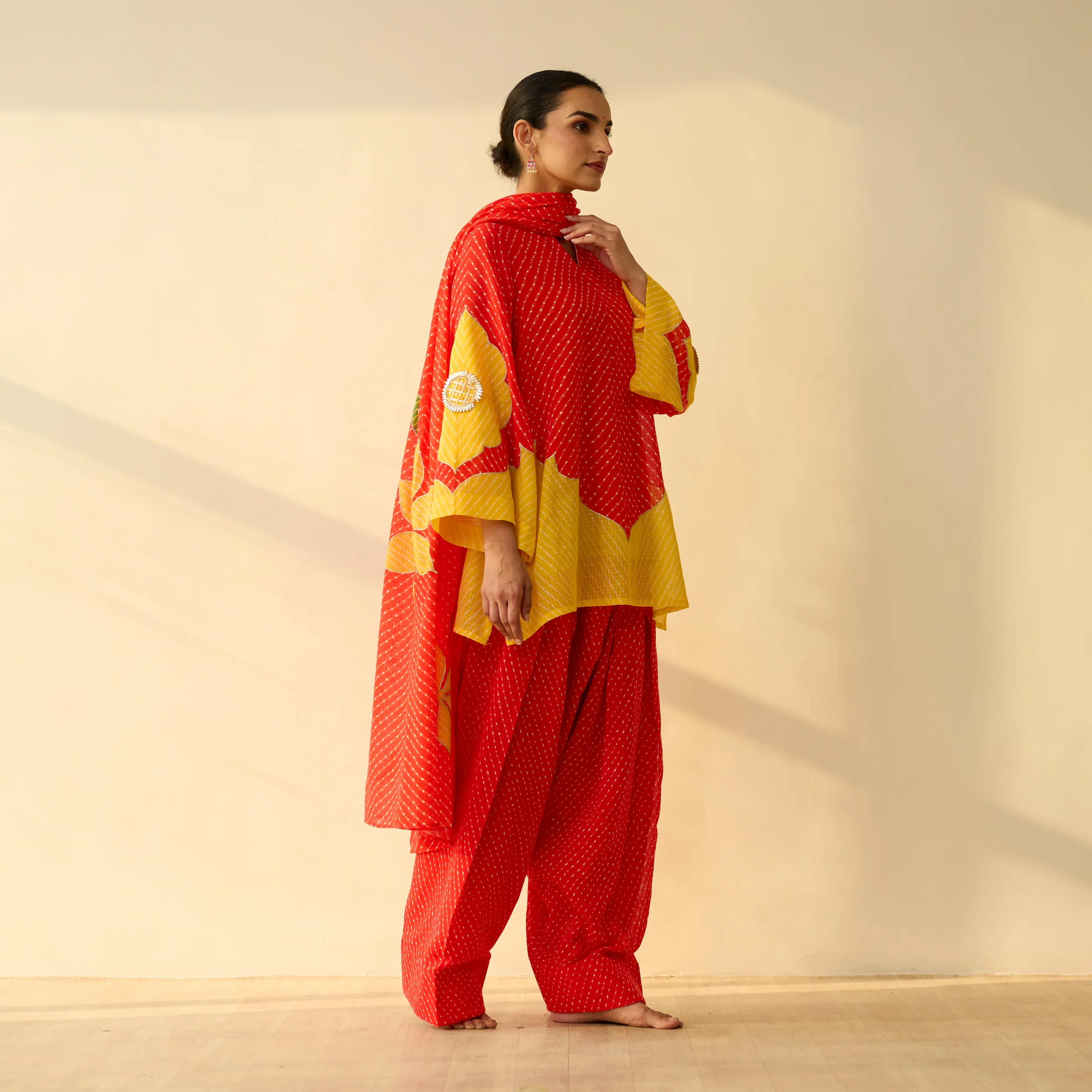 Sundari Kota Doria Cotton Farshi Set with Dupatta - Sindoori Laal & Haldi Yellow - Image 5