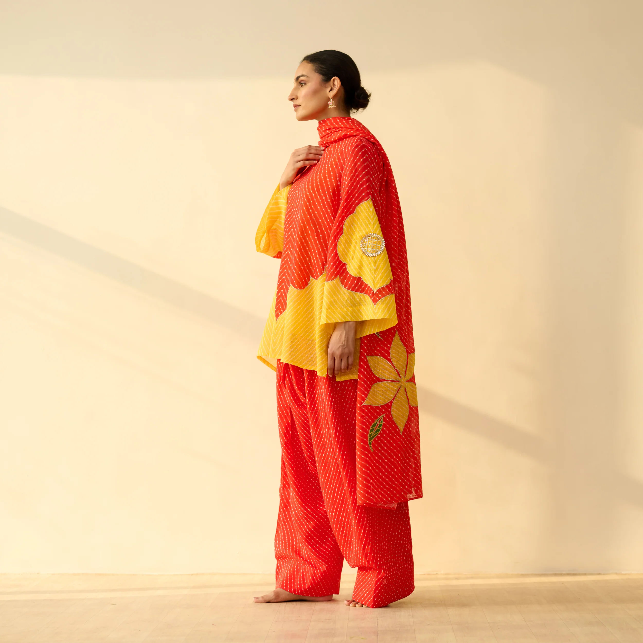 Sundari Kota Doria Cotton Farshi Set with Dupatta - Sindoori Laal & Haldi Yellow - Image 6