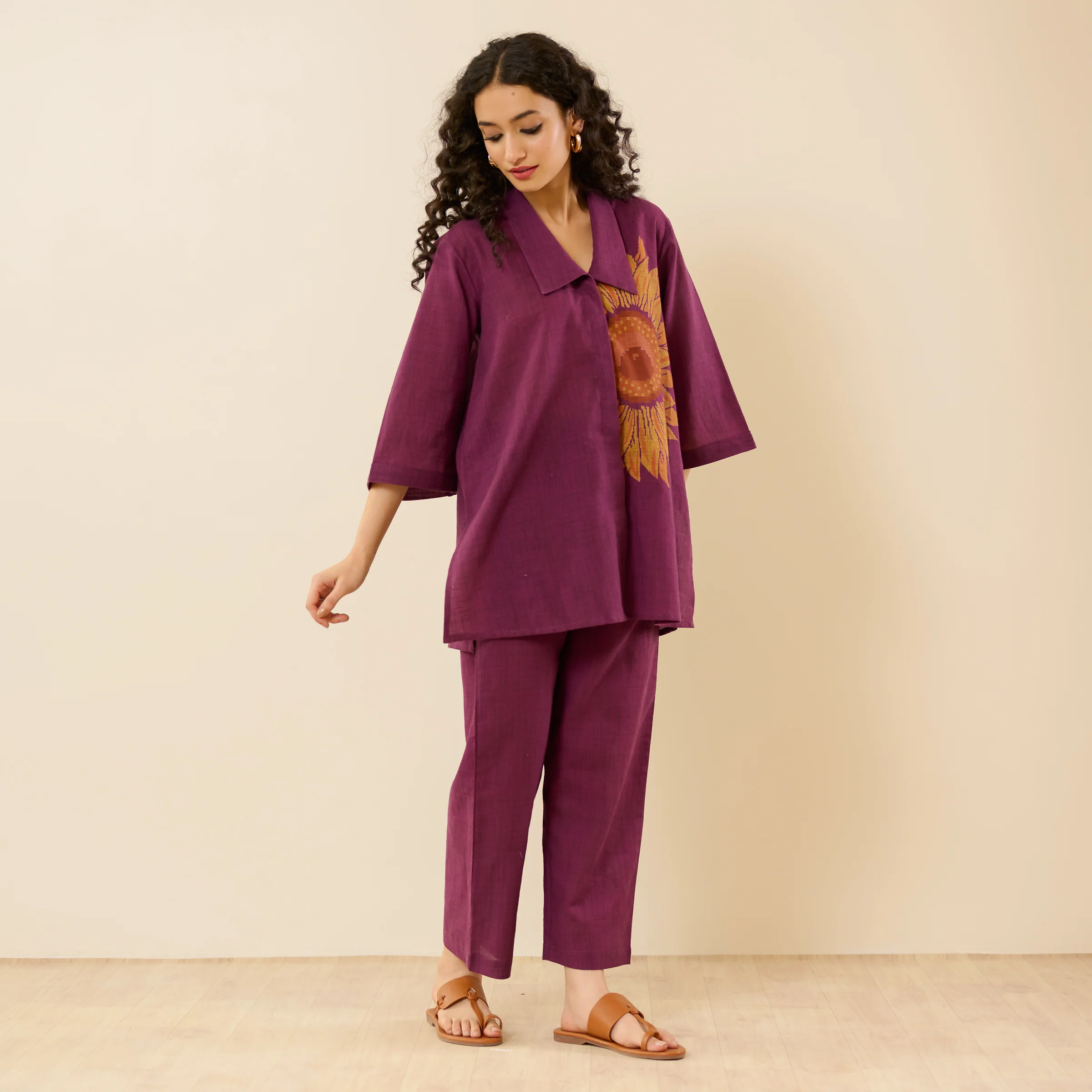 Sunflower Slub Cotton Co-ord Set - Burgundy - Image 7