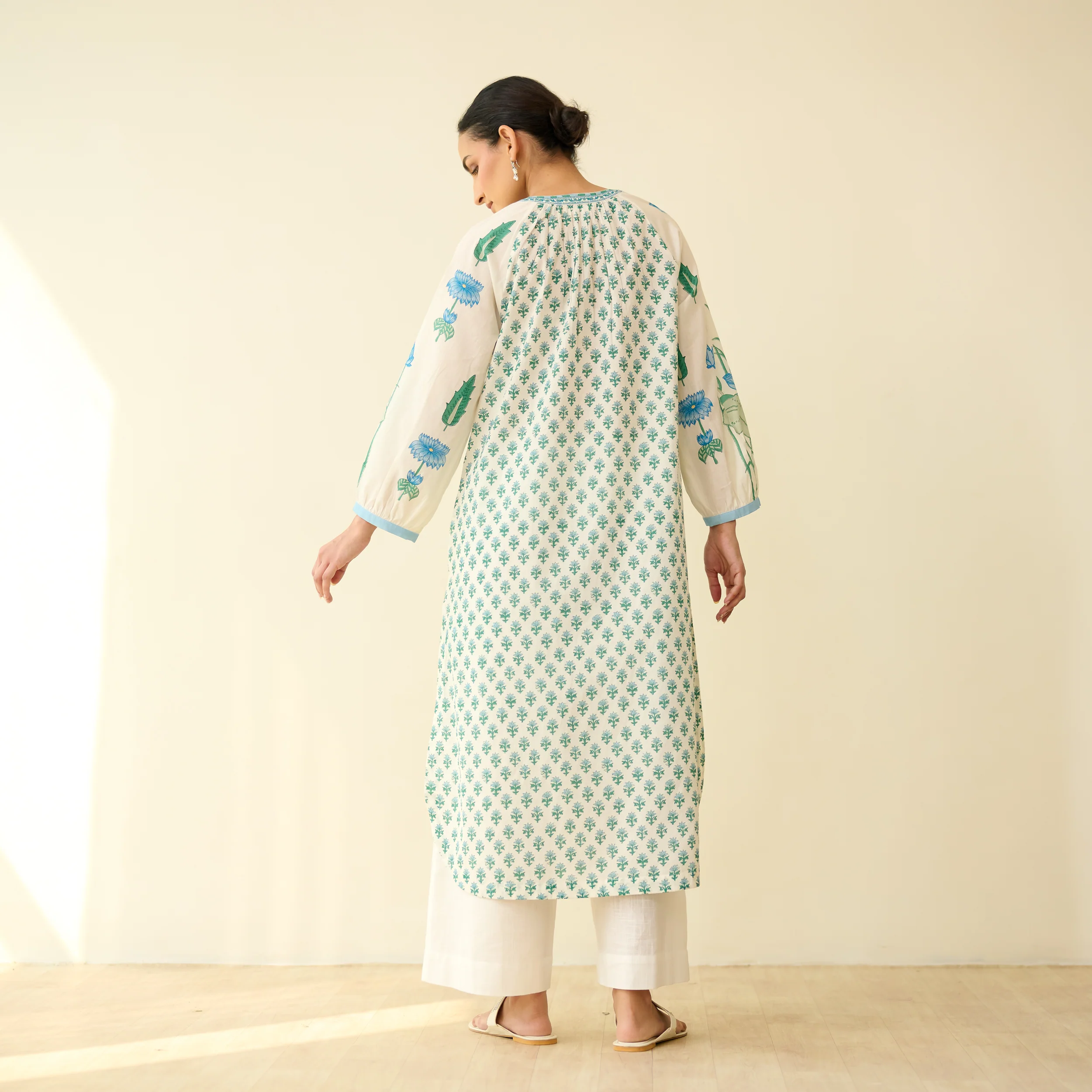 Sunlit Lotus Mulmul Cotton Everyday Kurta - Asmani Blue - Image 3