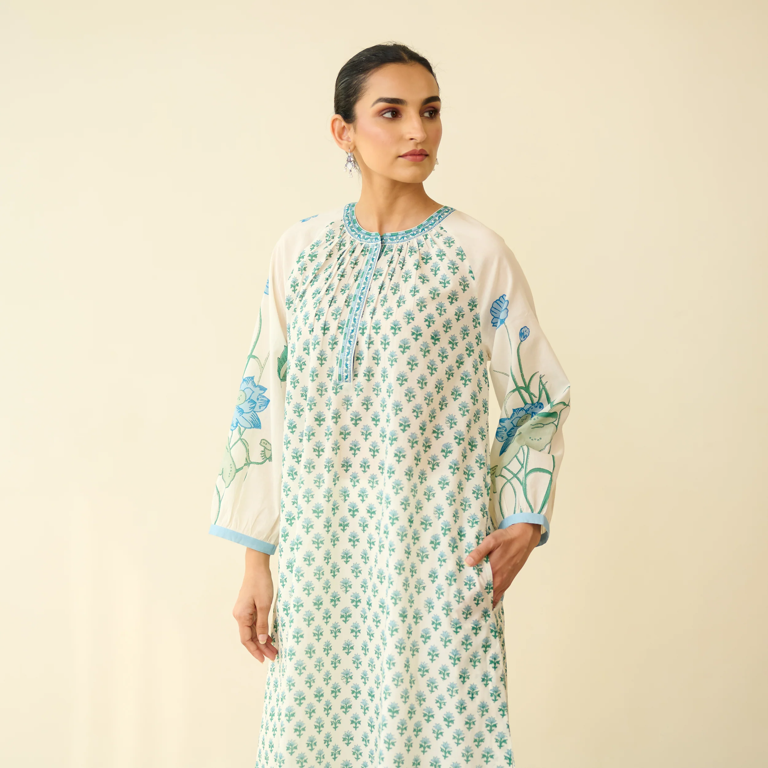 Sunlit Lotus Mulmul Cotton Everyday Kurta - Asmani Blue - Image 4