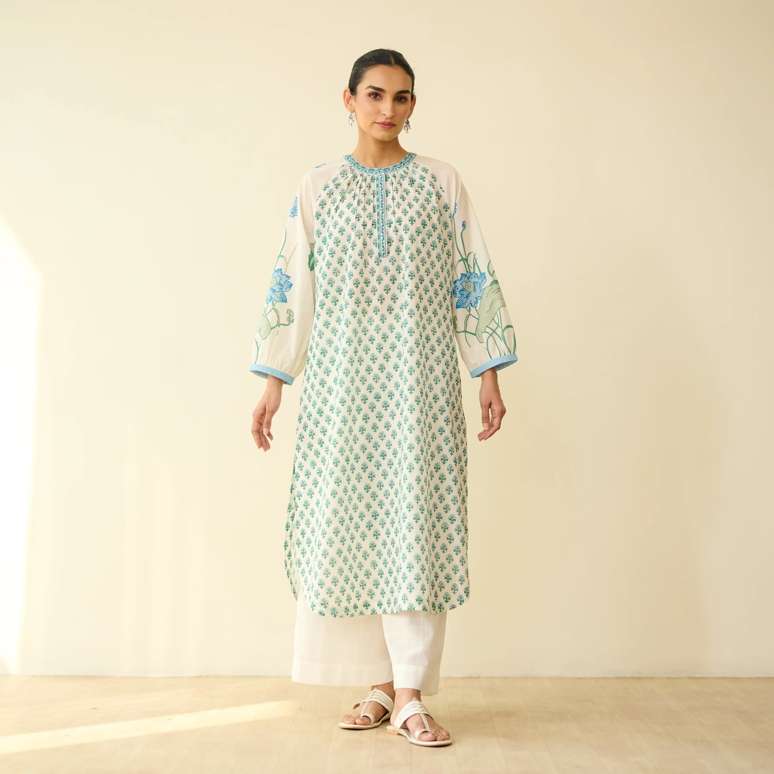Sunlit Lotus Mulmul Cotton Everyday Kurta - Asmani Blue - Image 5
