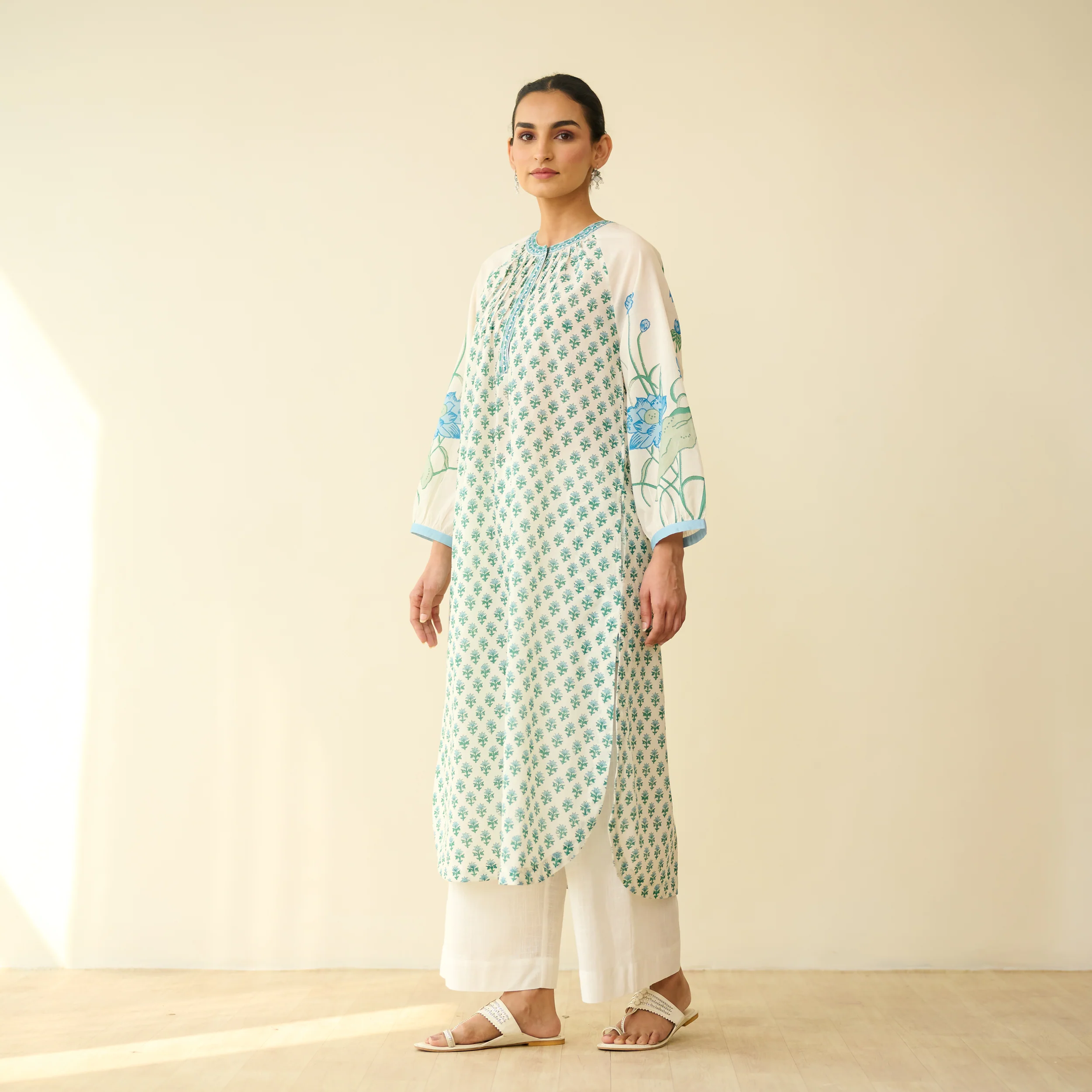 Sunlit Lotus Mulmul Cotton Everyday Kurta - Asmani Blue - Image 6