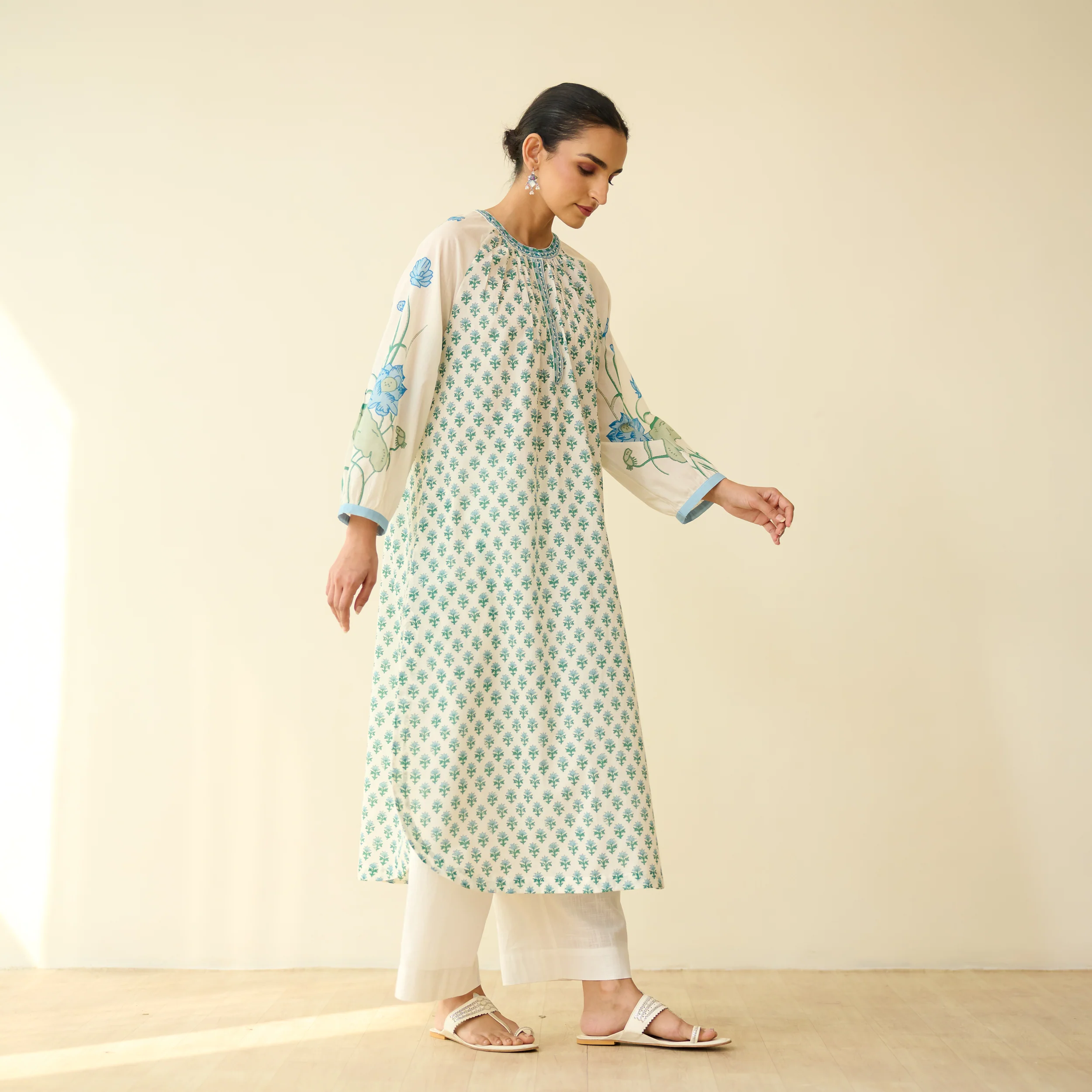 Sunlit Lotus Mulmul Cotton Everyday Kurta - Asmani Blue - Image 7