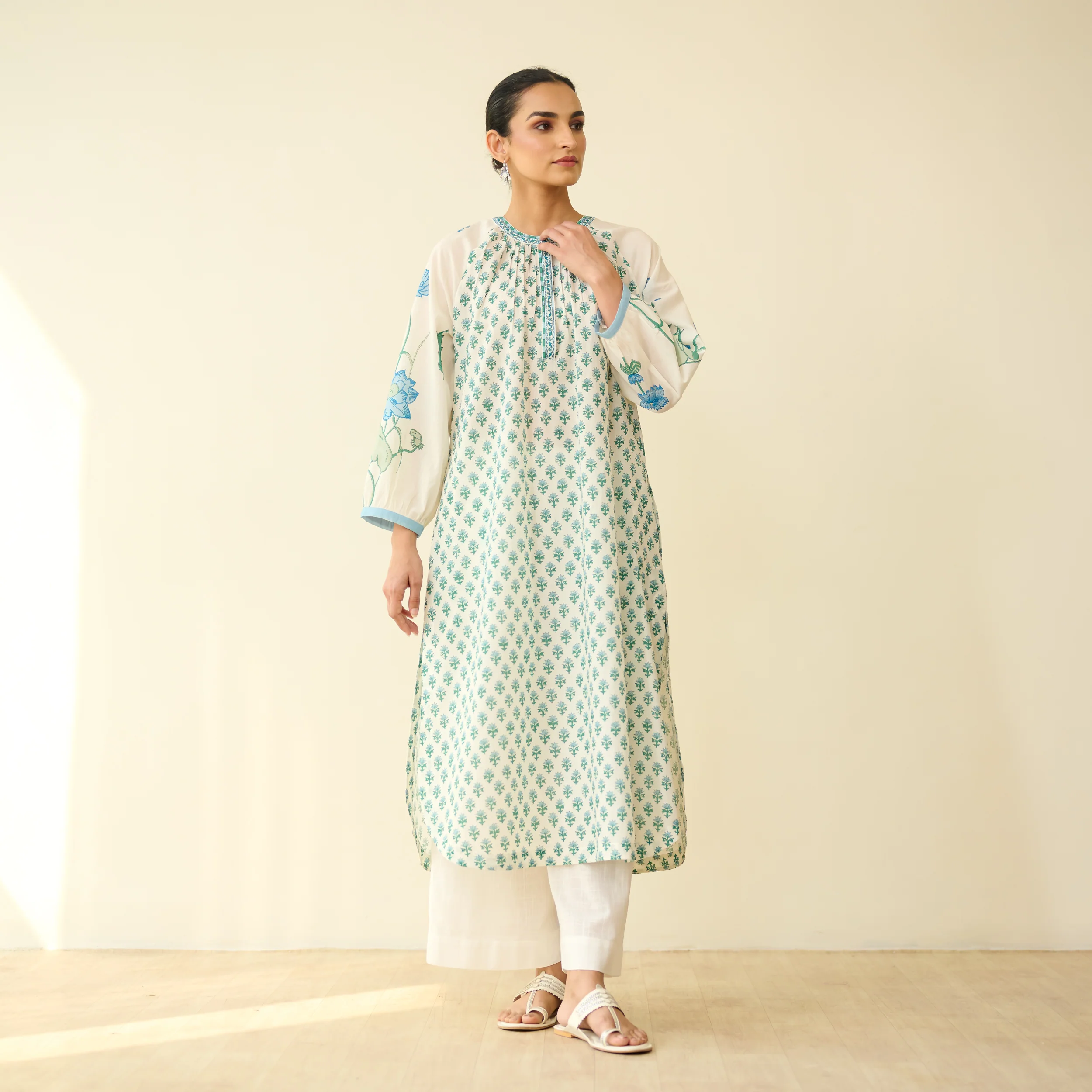 Sunlit Lotus Mulmul Cotton Everyday Kurta - Asmani Blue - Image 8