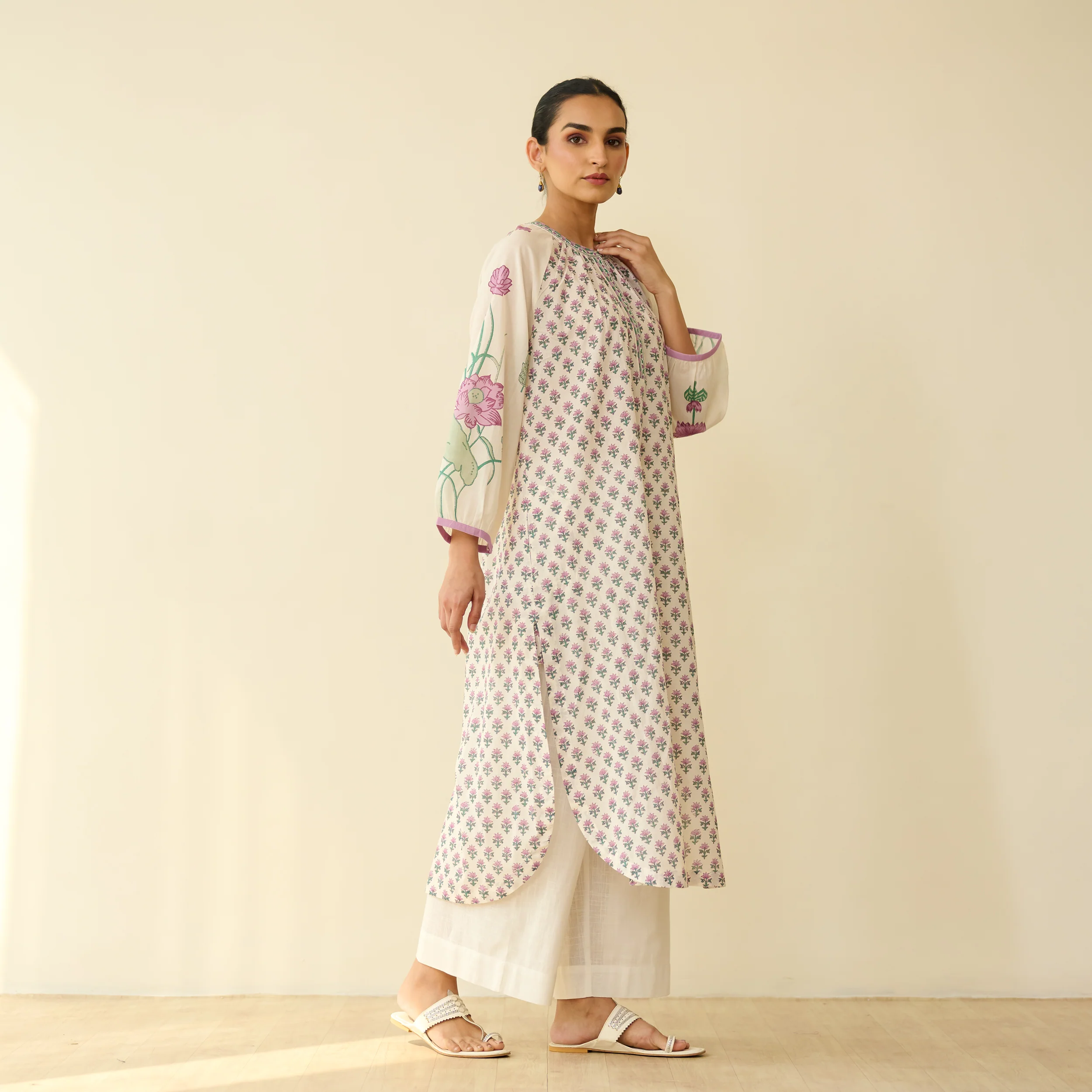 Sunlit Lotus Mulmul Cotton Everyday Kurta - Lilac - Image 6
