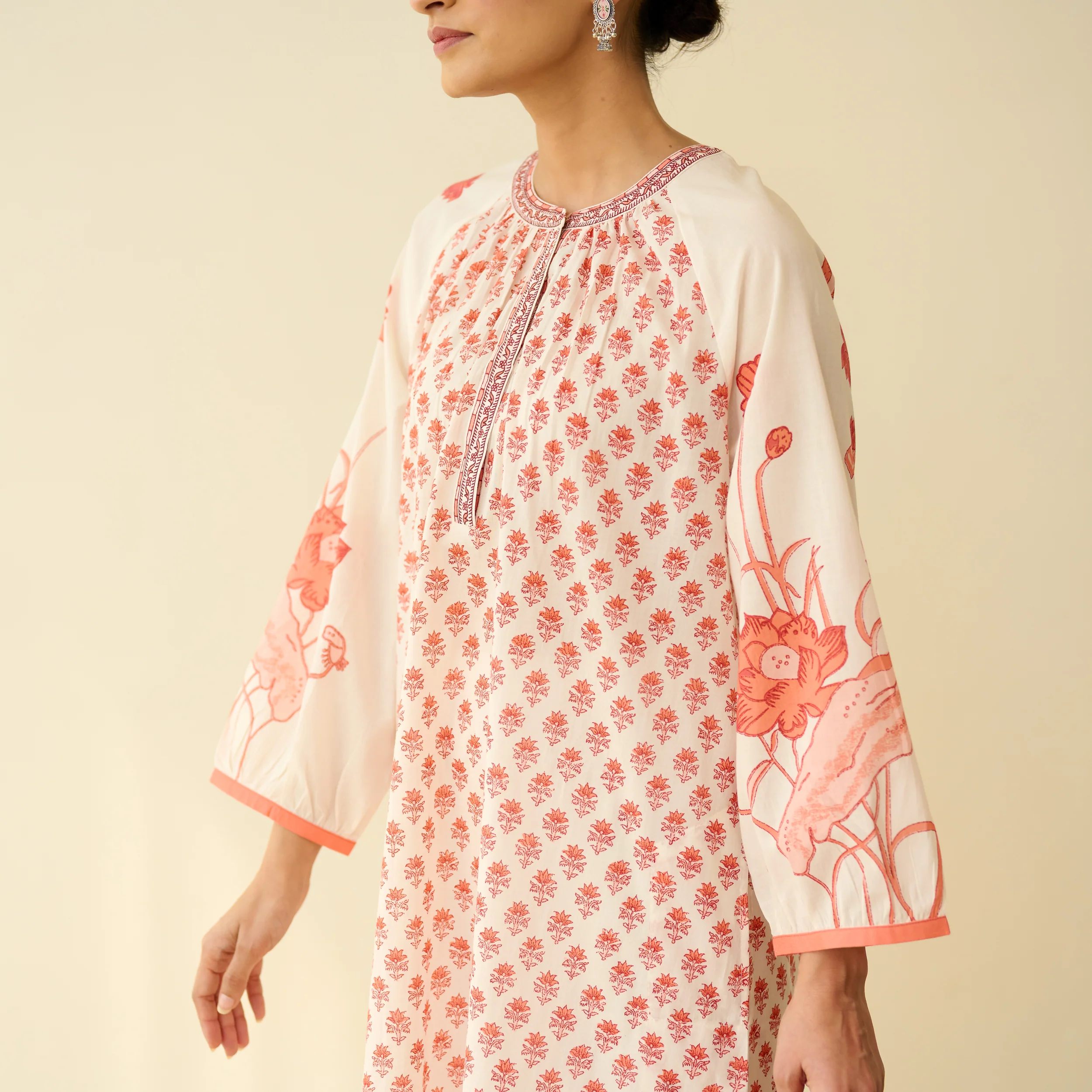 Sunlit Lotus Mulmul Cotton Everyday Kurta - Peachy Red - Image 2