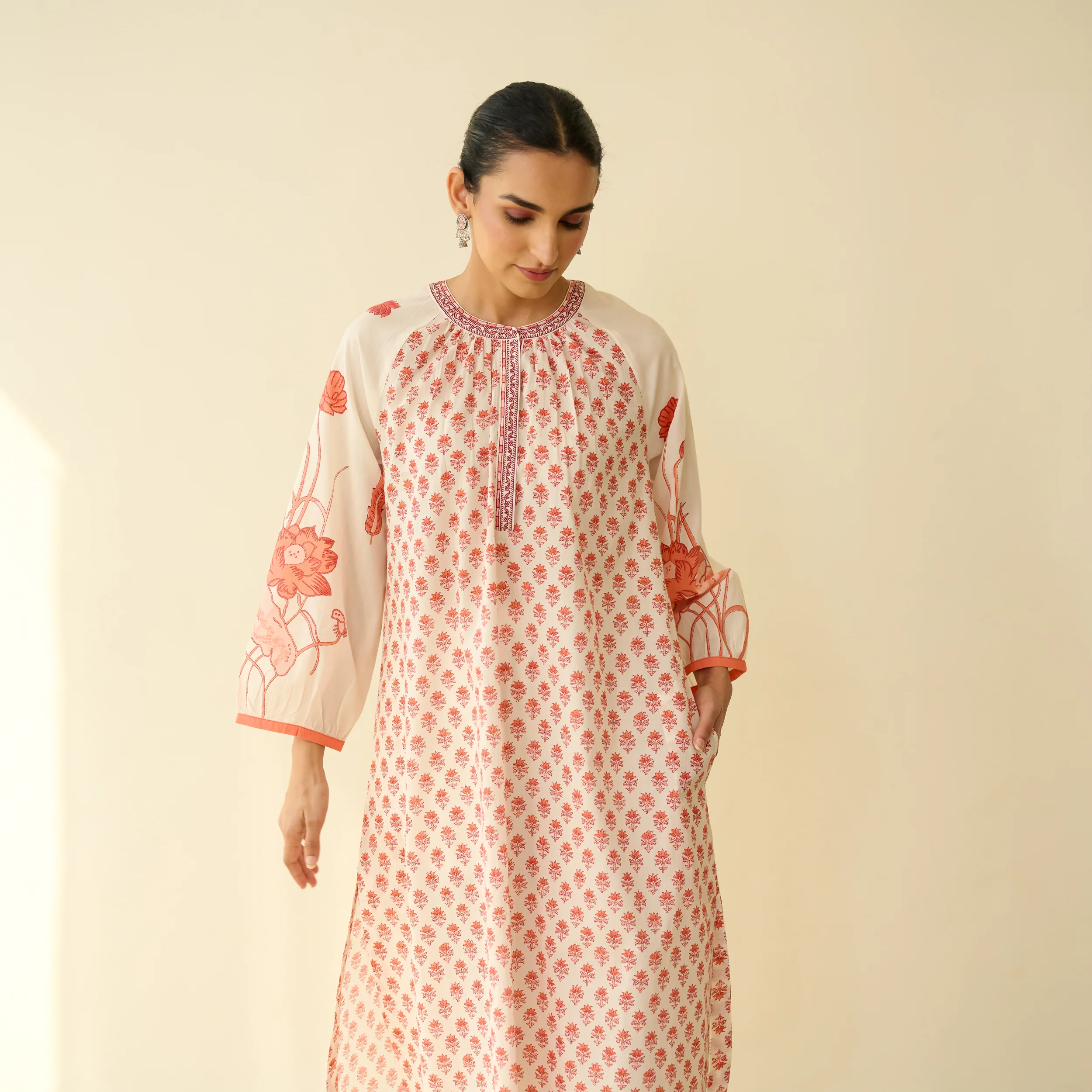 Sunlit Lotus Mulmul Cotton Everyday Kurta - Peachy Red - Image 3