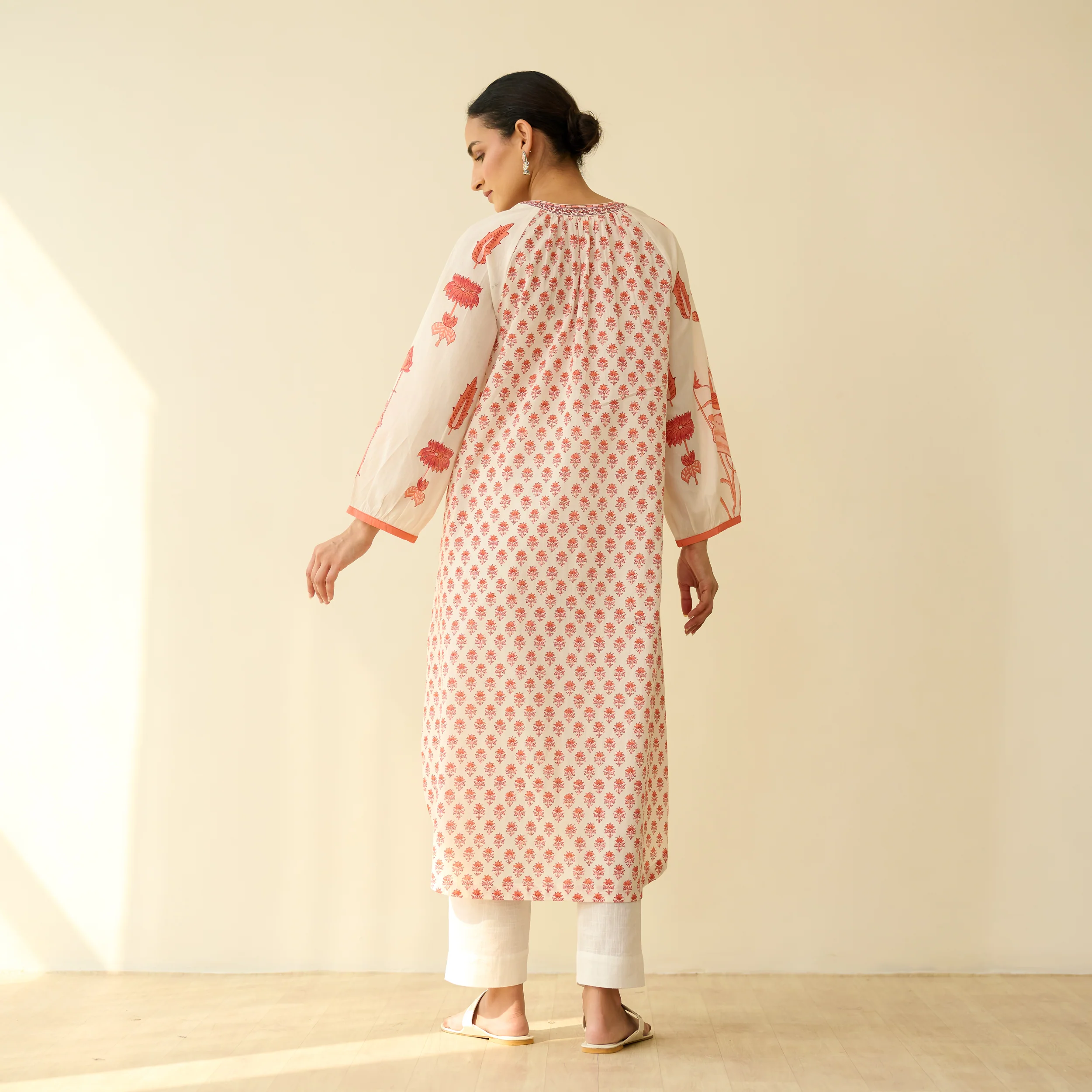 Sunlit Lotus Mulmul Cotton Everyday Kurta - Peachy Red - Image 4