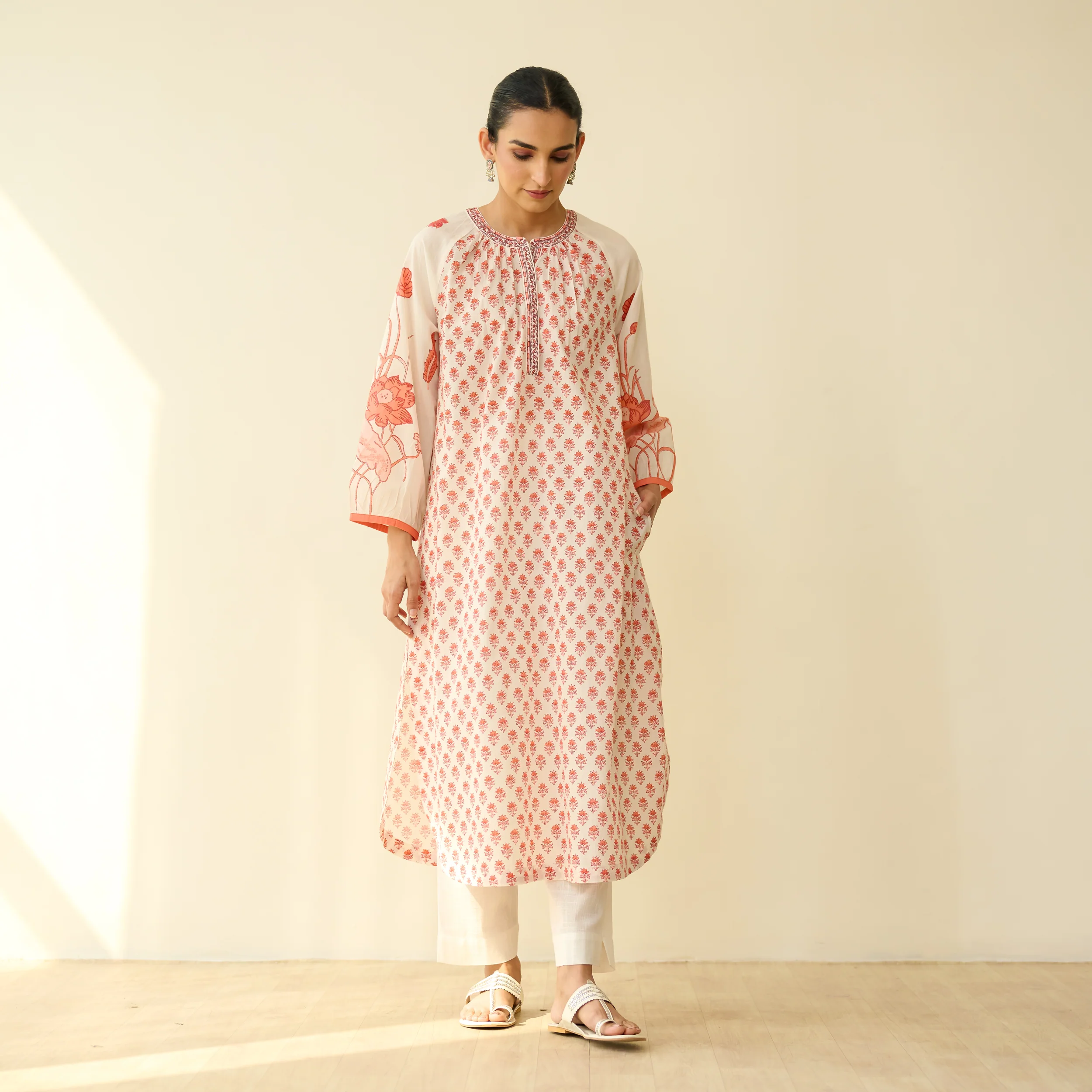Sunlit Lotus Mulmul Cotton Everyday Kurta - Peachy Red - Image 5