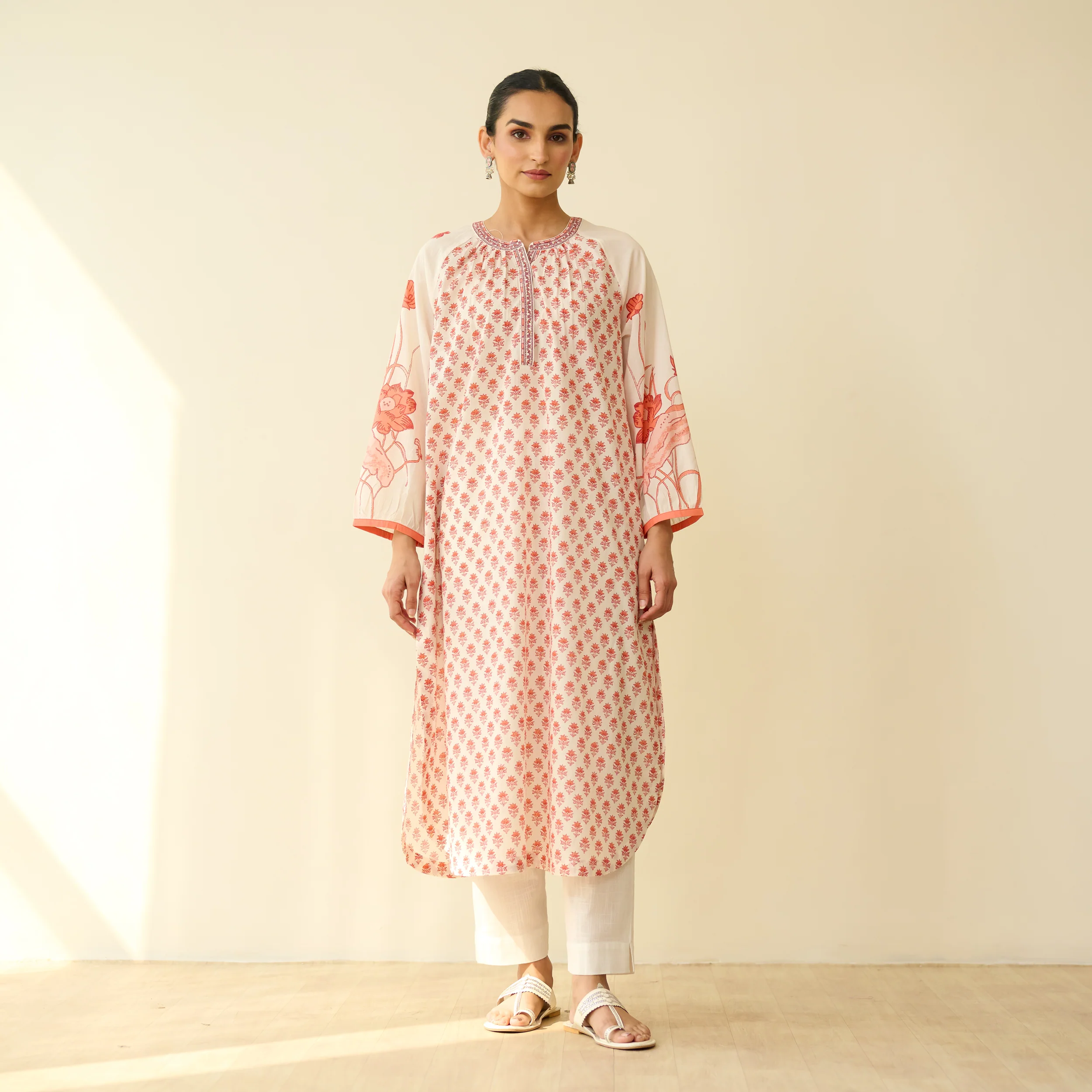 Sunlit Lotus Mulmul Cotton Everyday Kurta - Peachy Red - Image 6