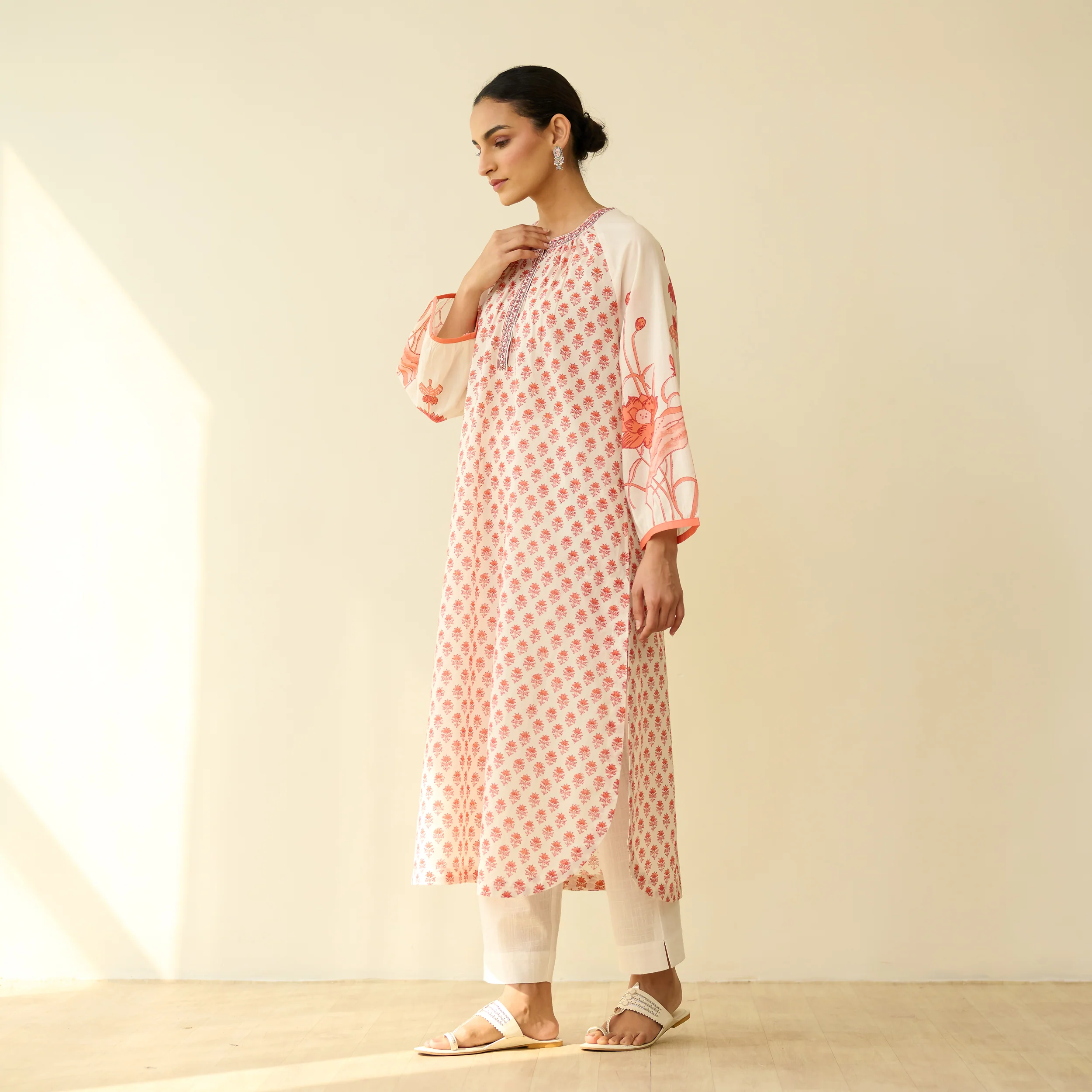 Sunlit Lotus Mulmul Cotton Everyday Kurta - Peachy Red - Image 7