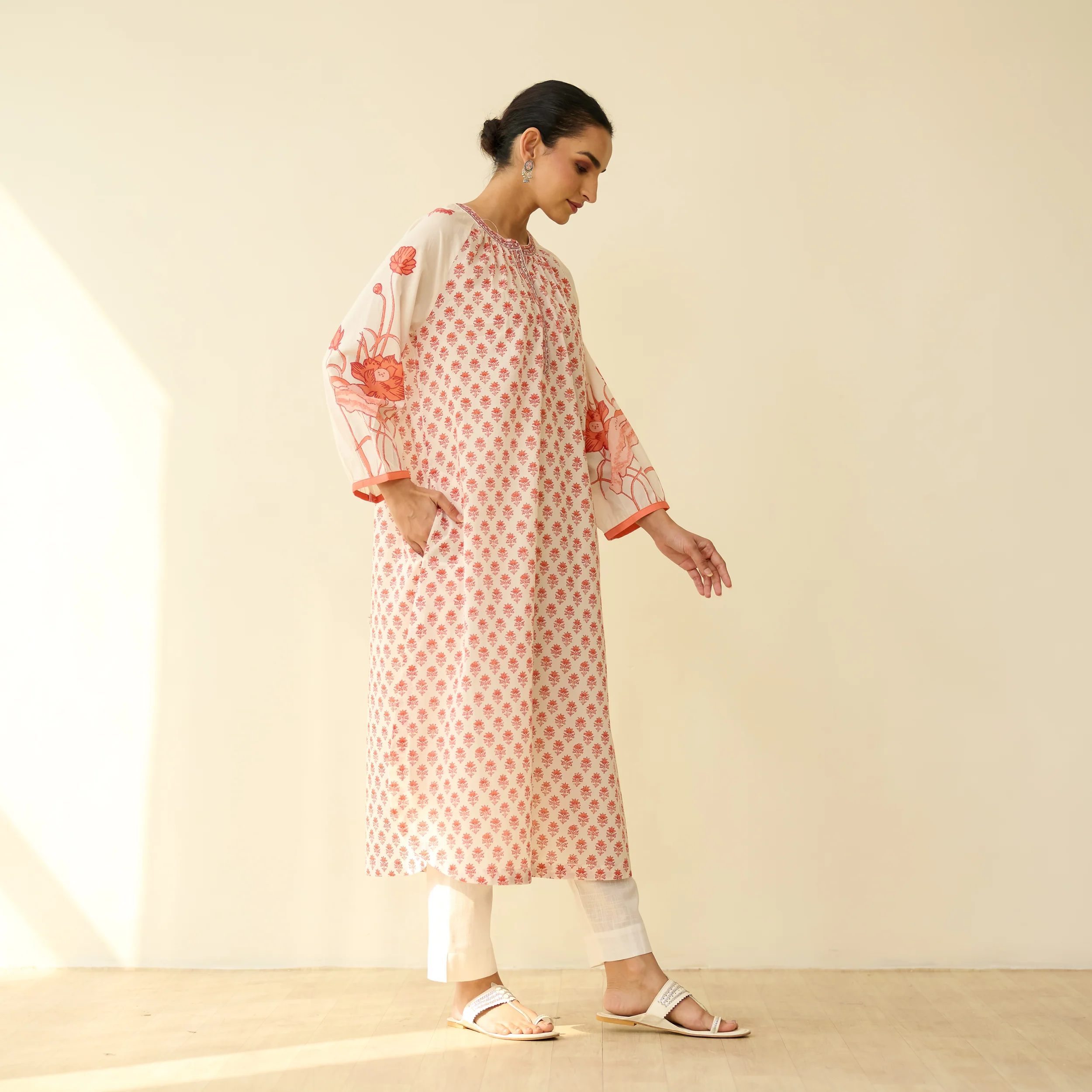 Sunlit Lotus Mulmul Cotton Everyday Kurta - Peachy Red - Image 8