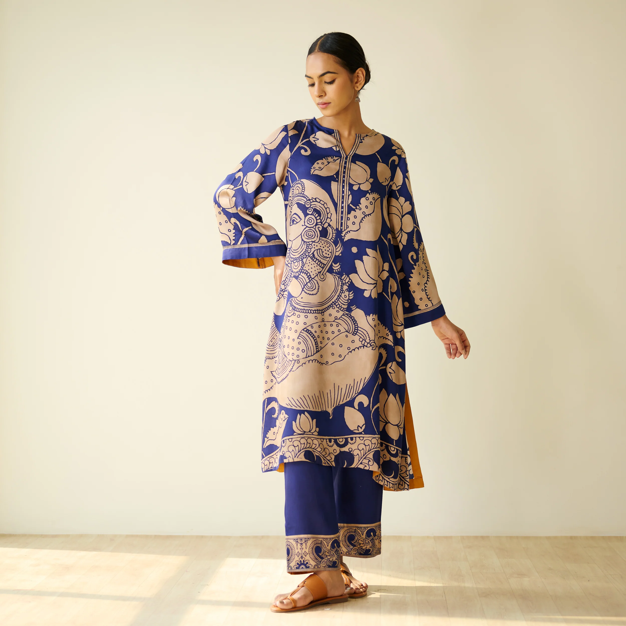 Syahi Modal Satin Kurta Set with Mukaish Embroidery Details - Royal Blue - Image 3