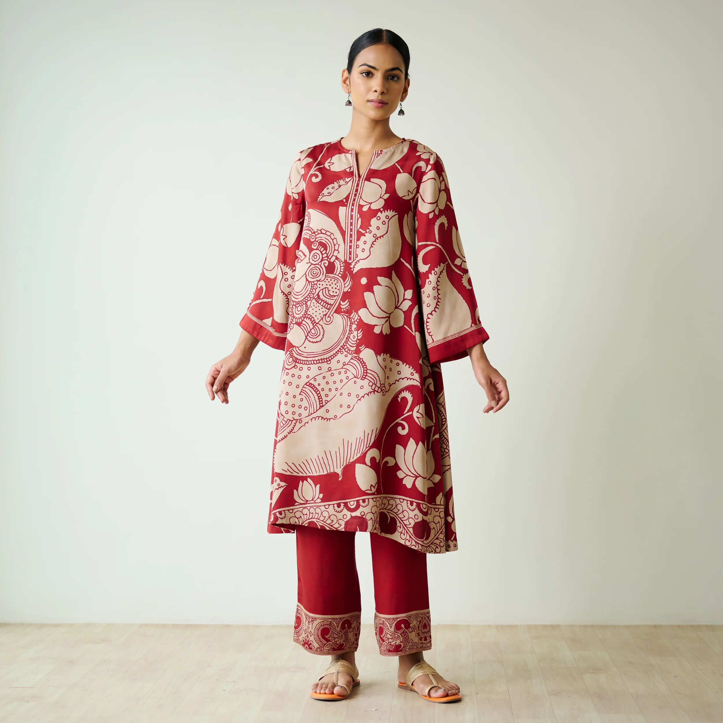 Syahi Modal Satin Kurta Set with Mukaish Embroidery Details - Rust - Image 3