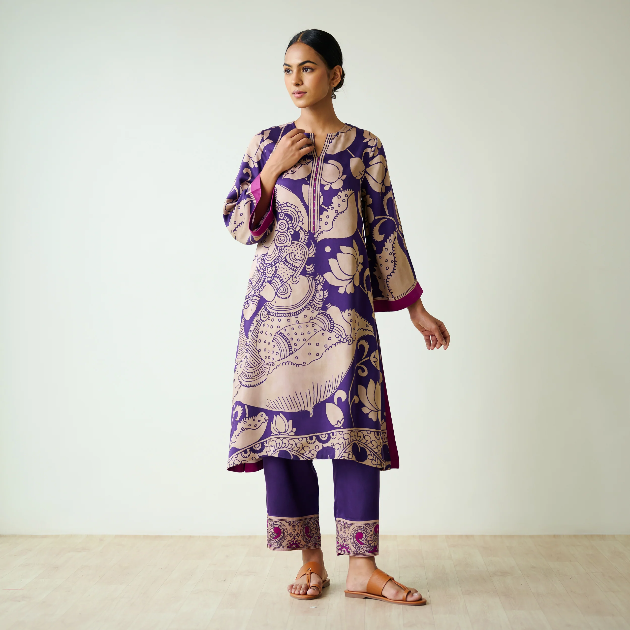 Syahi Modal Satin Kurta Set with Mukaish Embroidery Details - Violet - Image 5