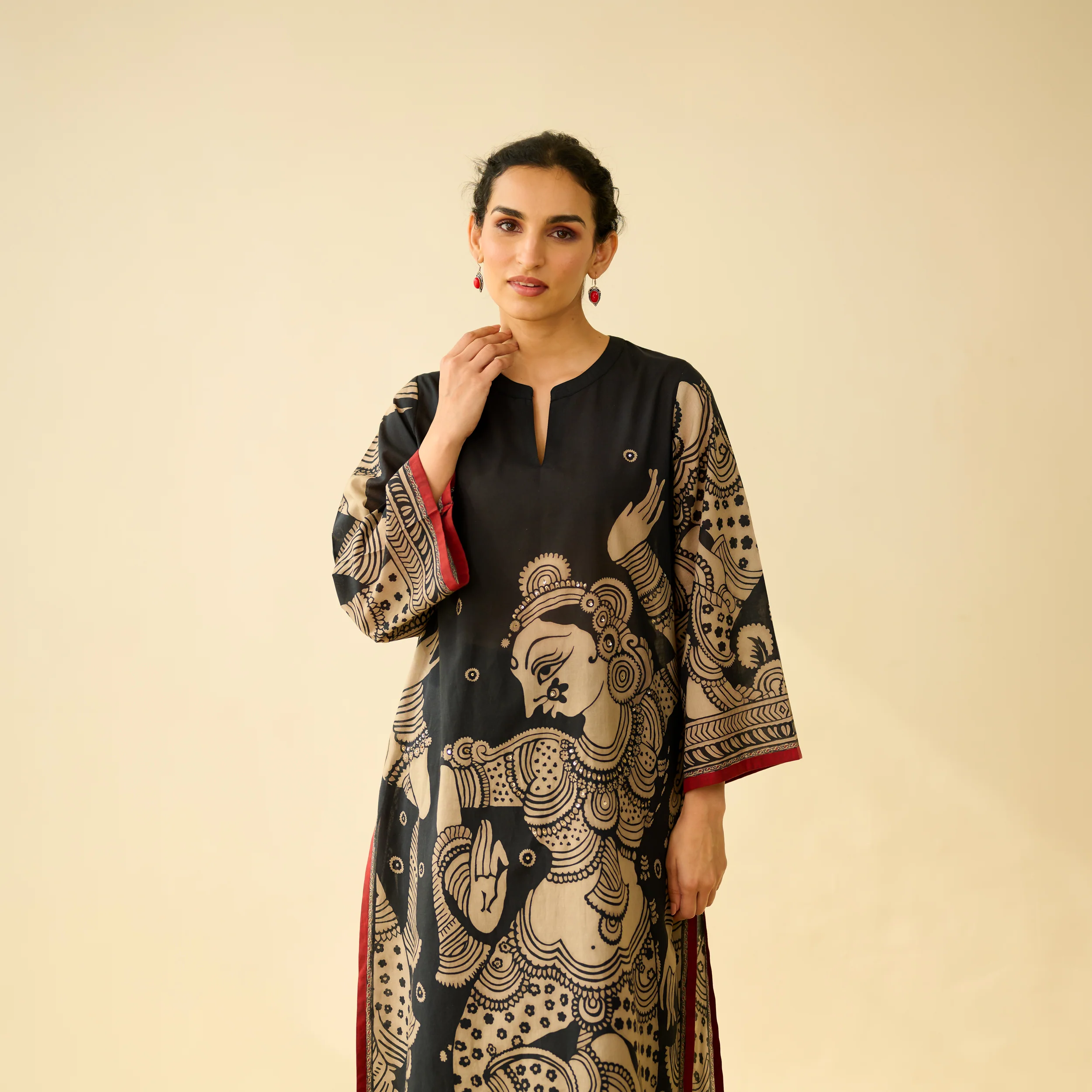 Taal Hand Embroidered Mulmul Cotton Kurta - Charcoal - Image 2