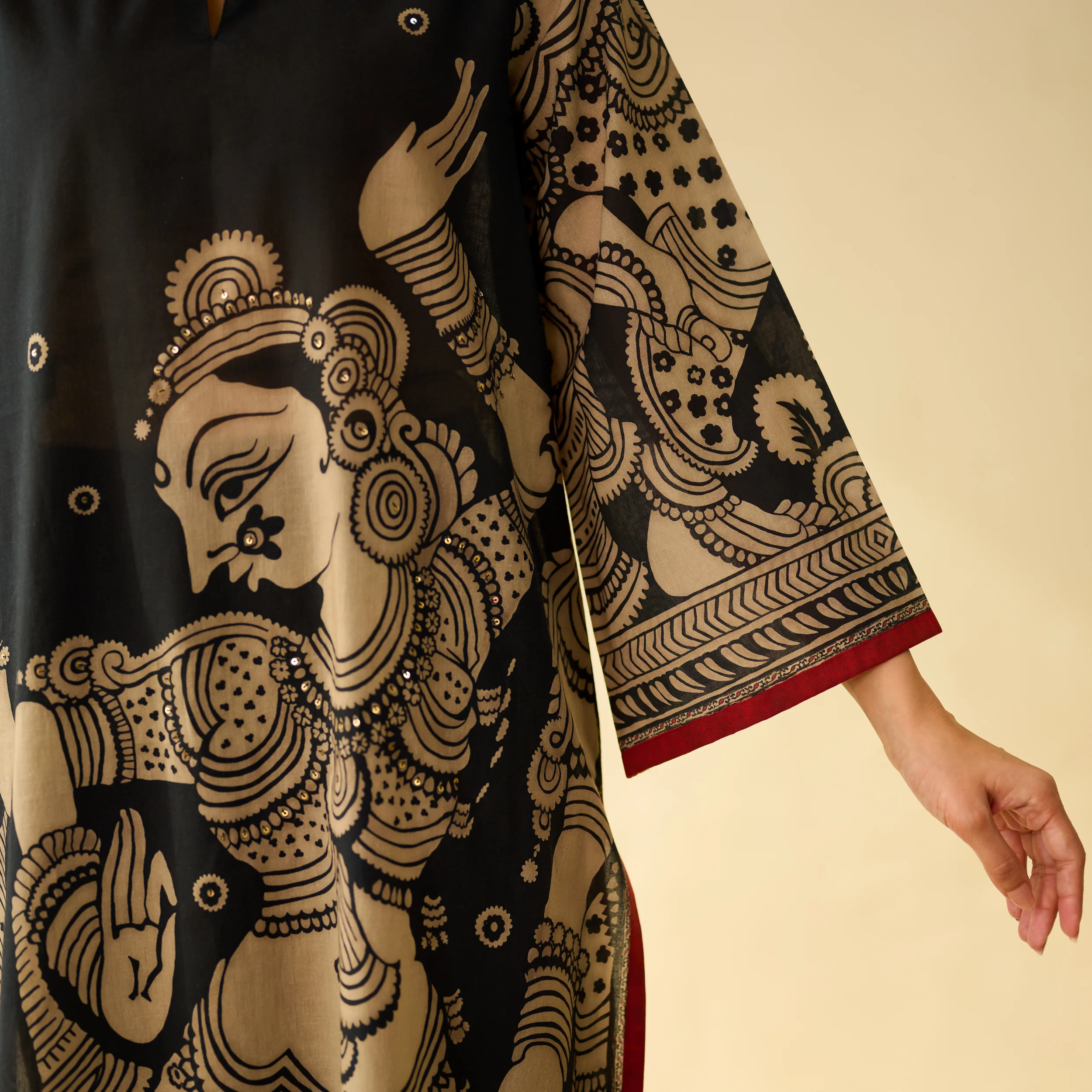 Taal Hand Embroidered Mulmul Cotton Kurta - Charcoal - Image 3