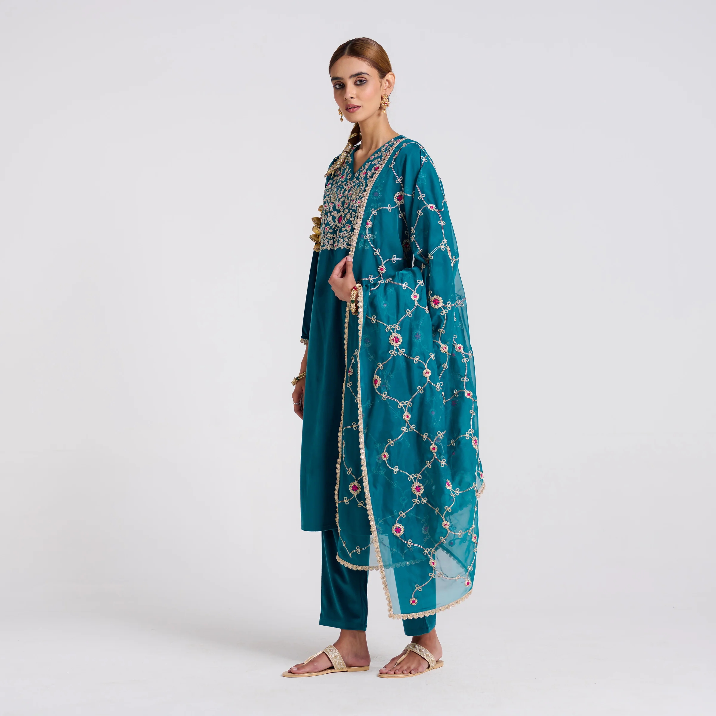 Teal Embroidered Gulzaar Velvet Set with Dupatta - Image 4
