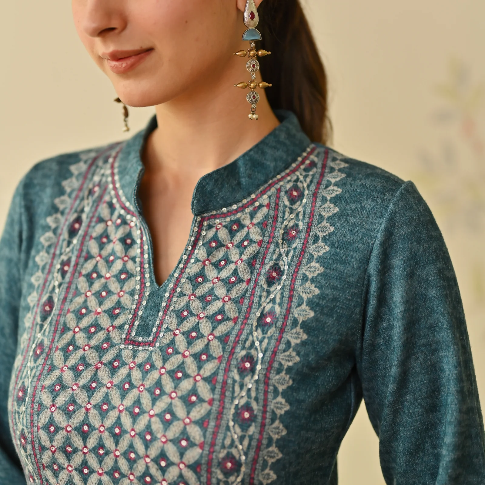 Teal Embroidered & Monotone Woollen Kurta Pant Set - Image 2