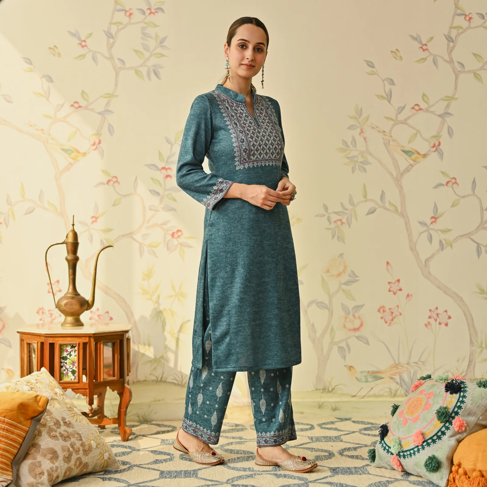 Teal Embroidered & Monotone Woollen Kurta Pant Set - Image 3