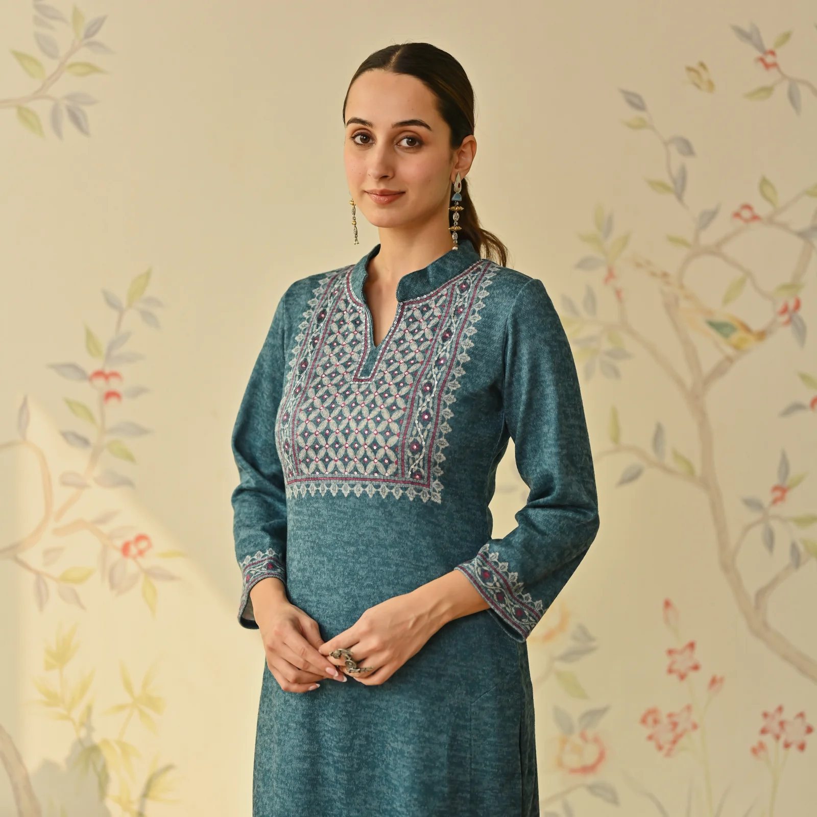 Teal Embroidered & Monotone Woollen Kurta Pant Set - Image 4
