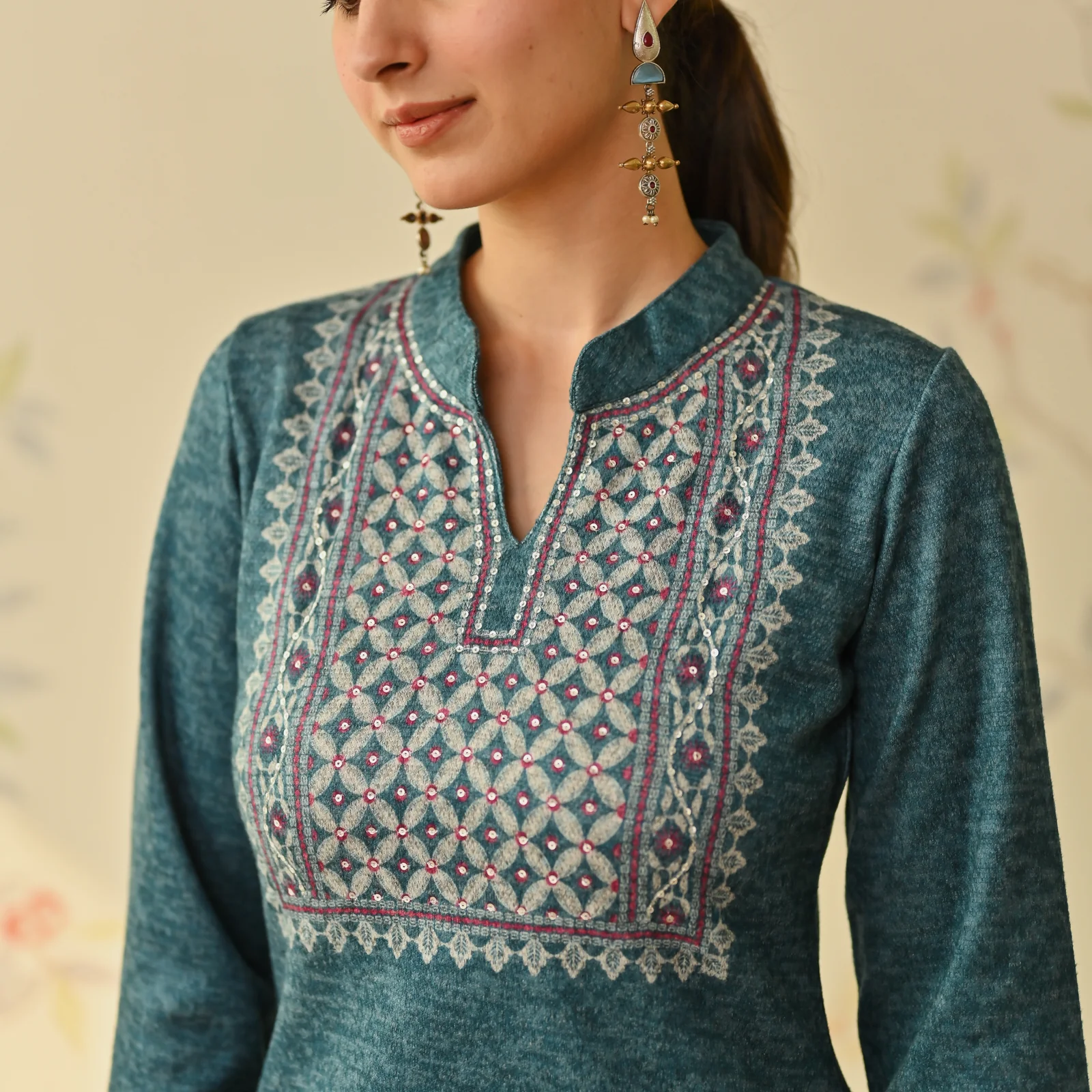 Teal Embroidered & Monotone Woollen Kurta Pant Set - Image 5