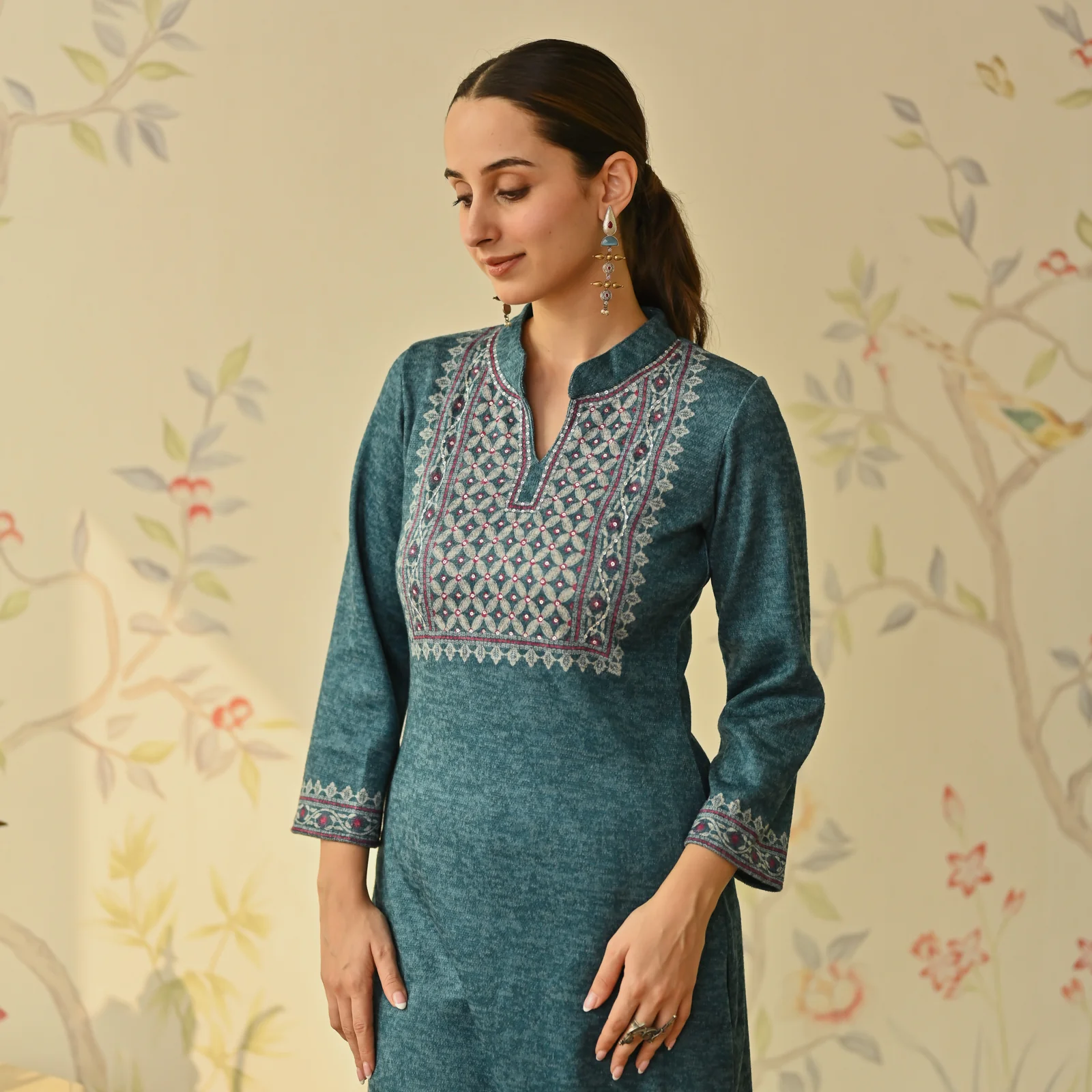 Teal Embroidered & Monotone Woollen Kurta Pant Set - Image 6