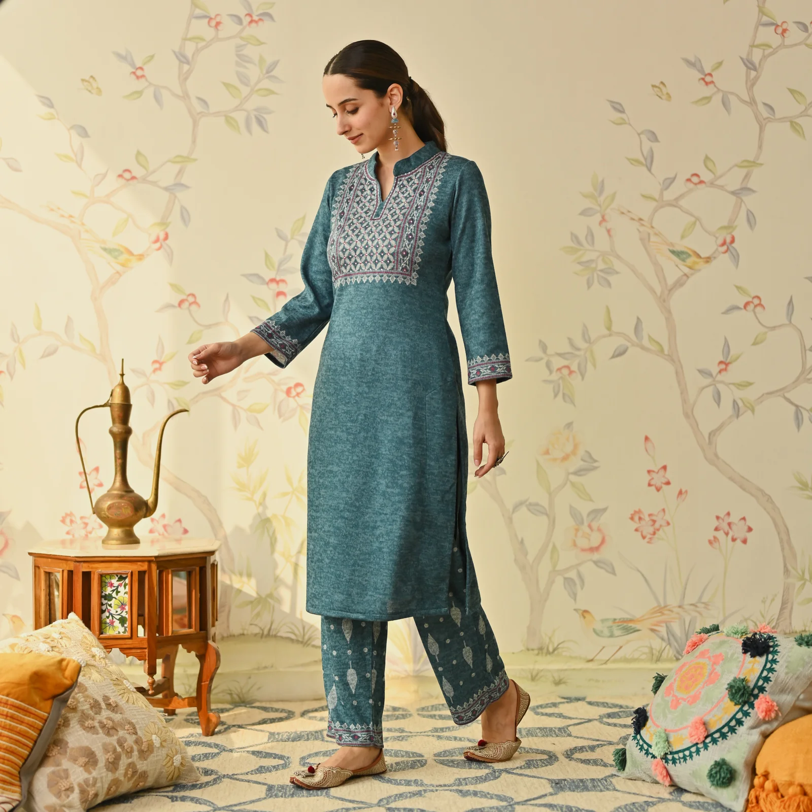 Teal Embroidered & Monotone Woollen Kurta Pant Set - Image 7