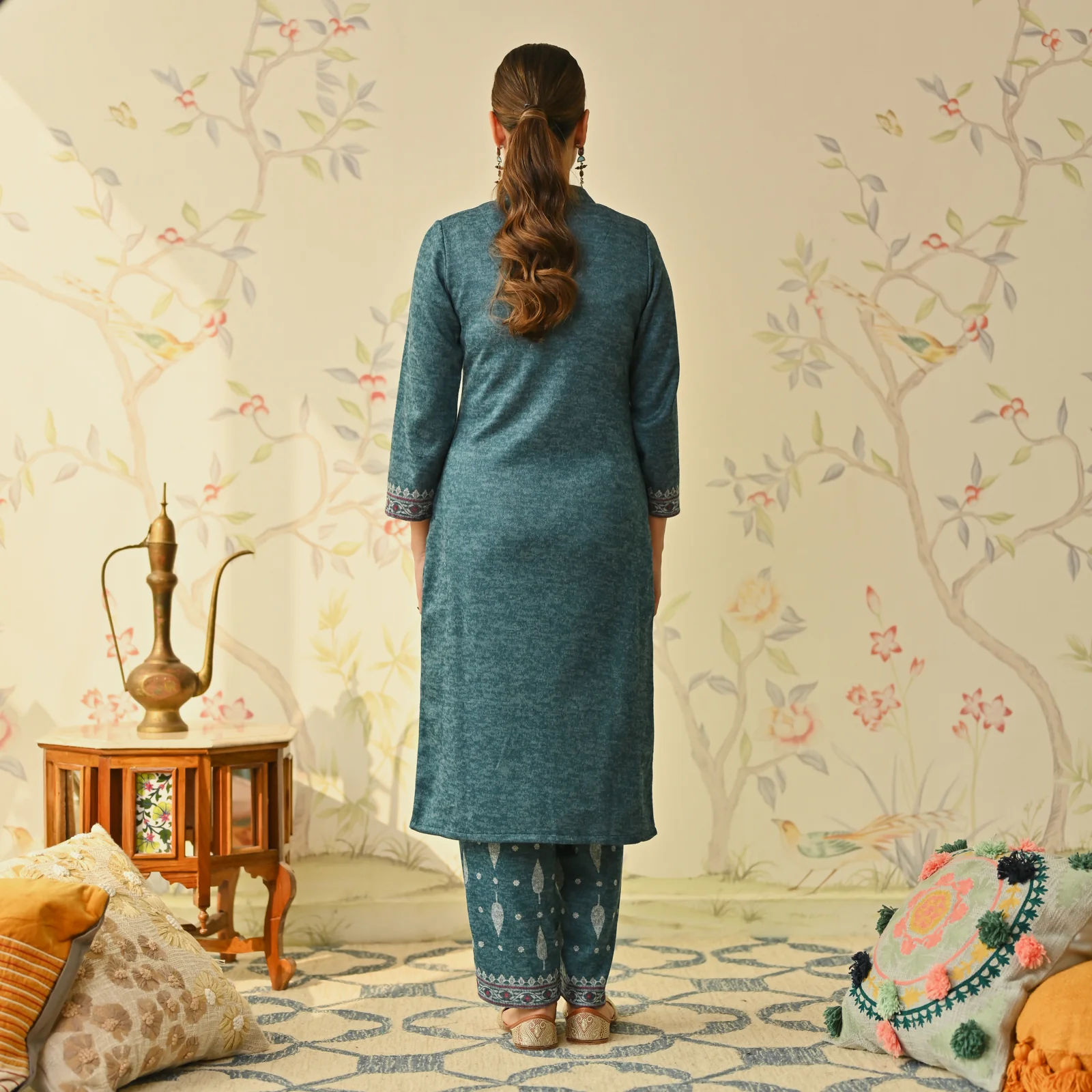 Teal Embroidered & Monotone Woollen Kurta Pant Set - Image 8