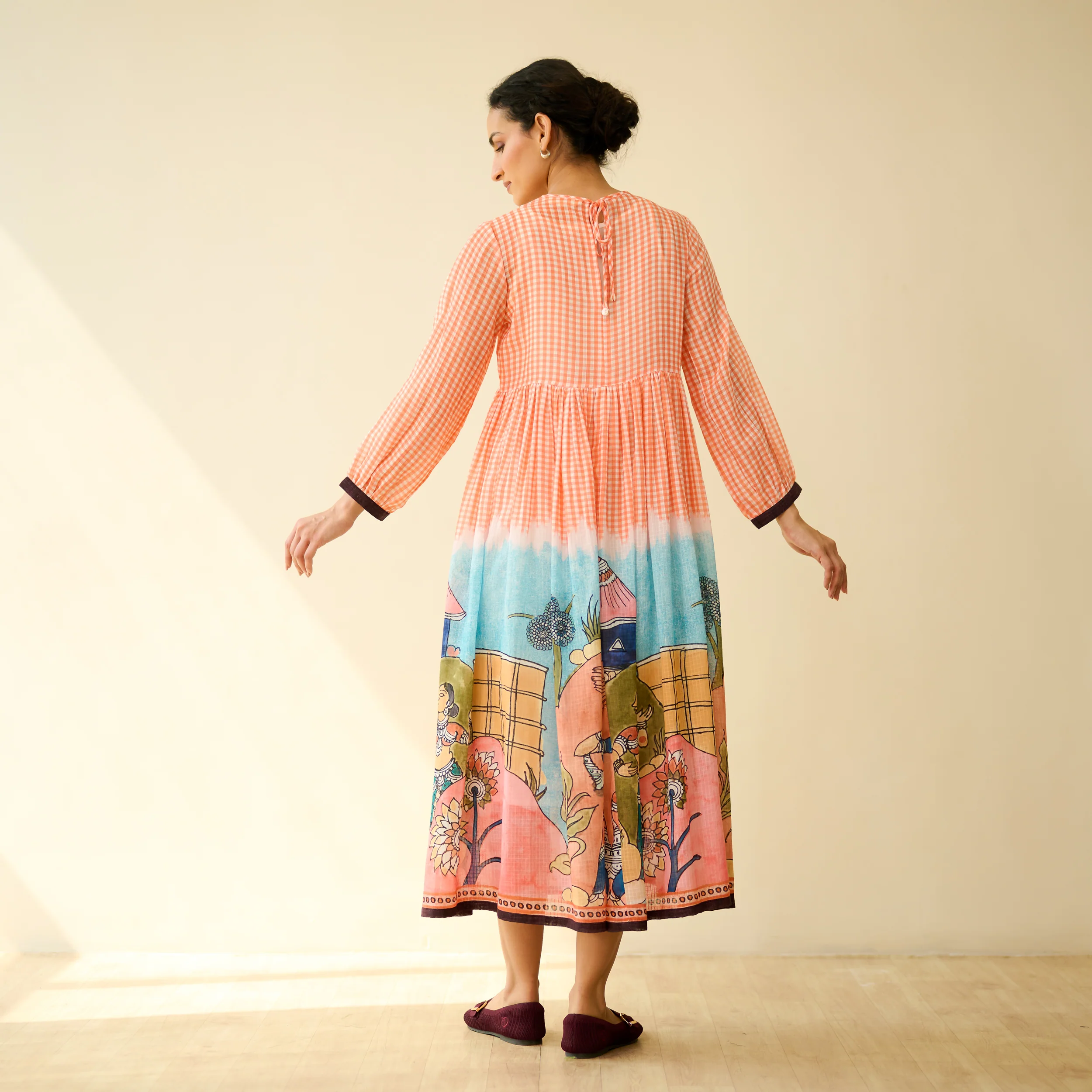 Tira Kota Doria Cotton Fun Dress - Peachy Peach - Image 5
