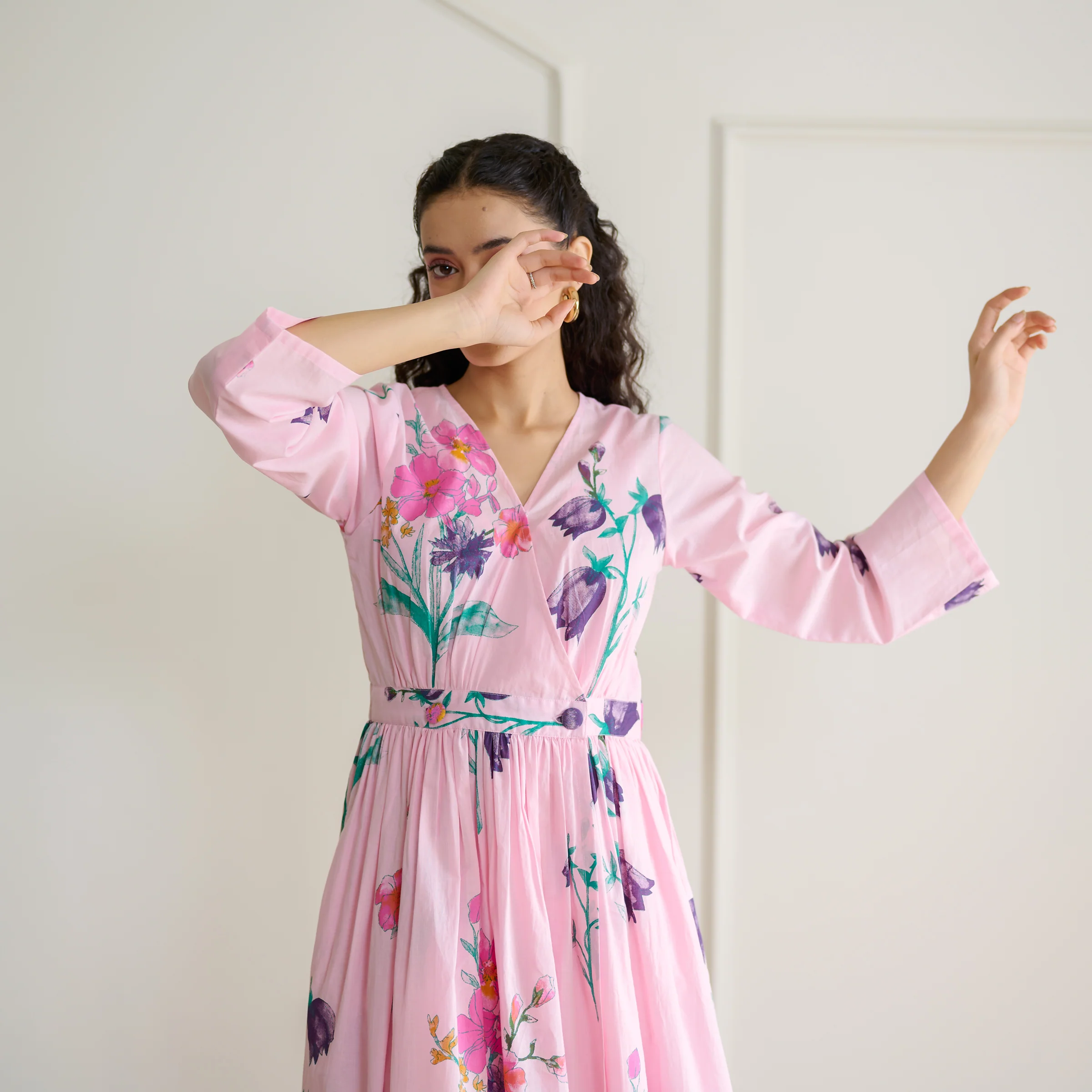 Tulip Cotton Overlap Dress with Mulmul Slip - Candy Pink - Image 3