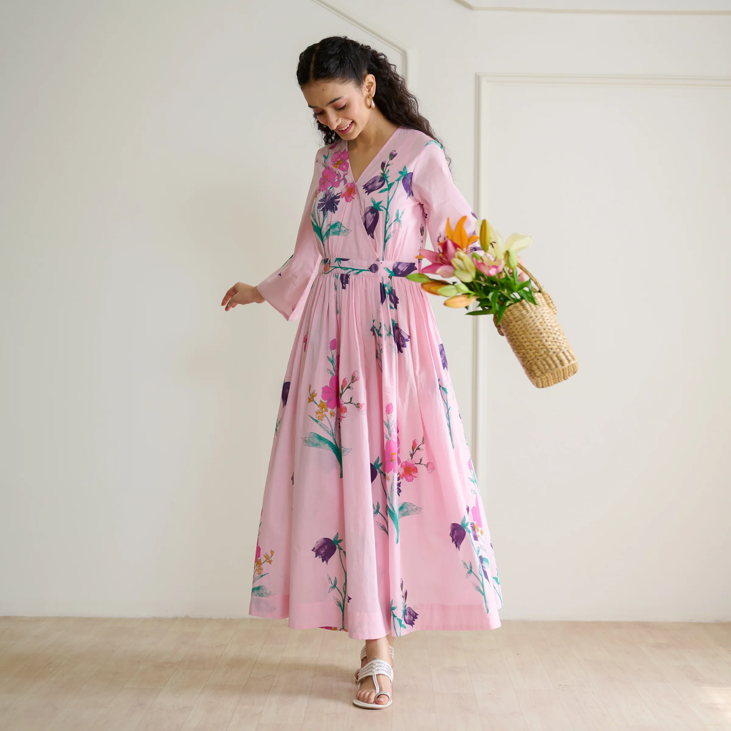 Tulip Cotton Overlap Dress with Mulmul Slip - Candy Pink - Image 4