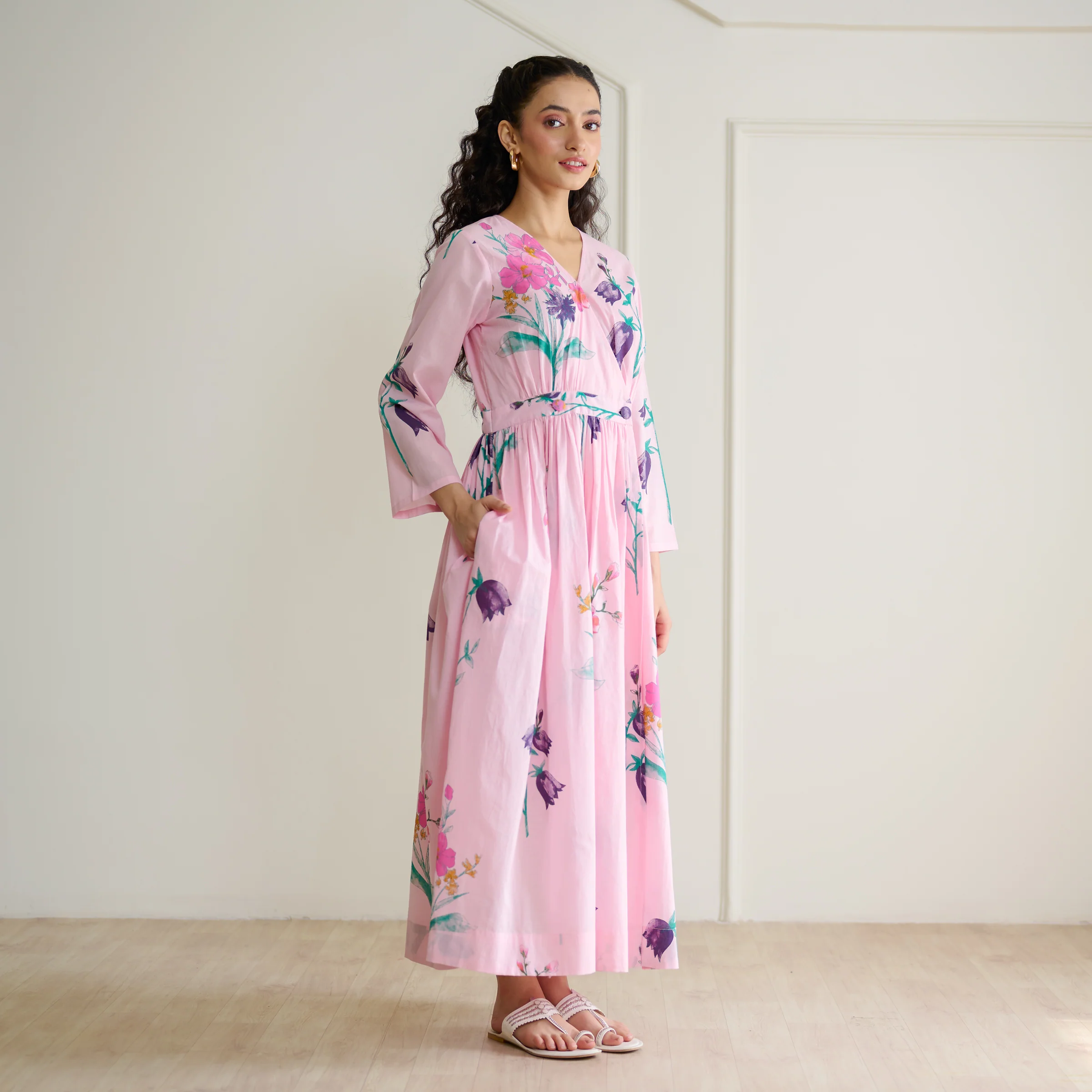 Tulip Cotton Overlap Dress with Mulmul Slip - Candy Pink - Image 9