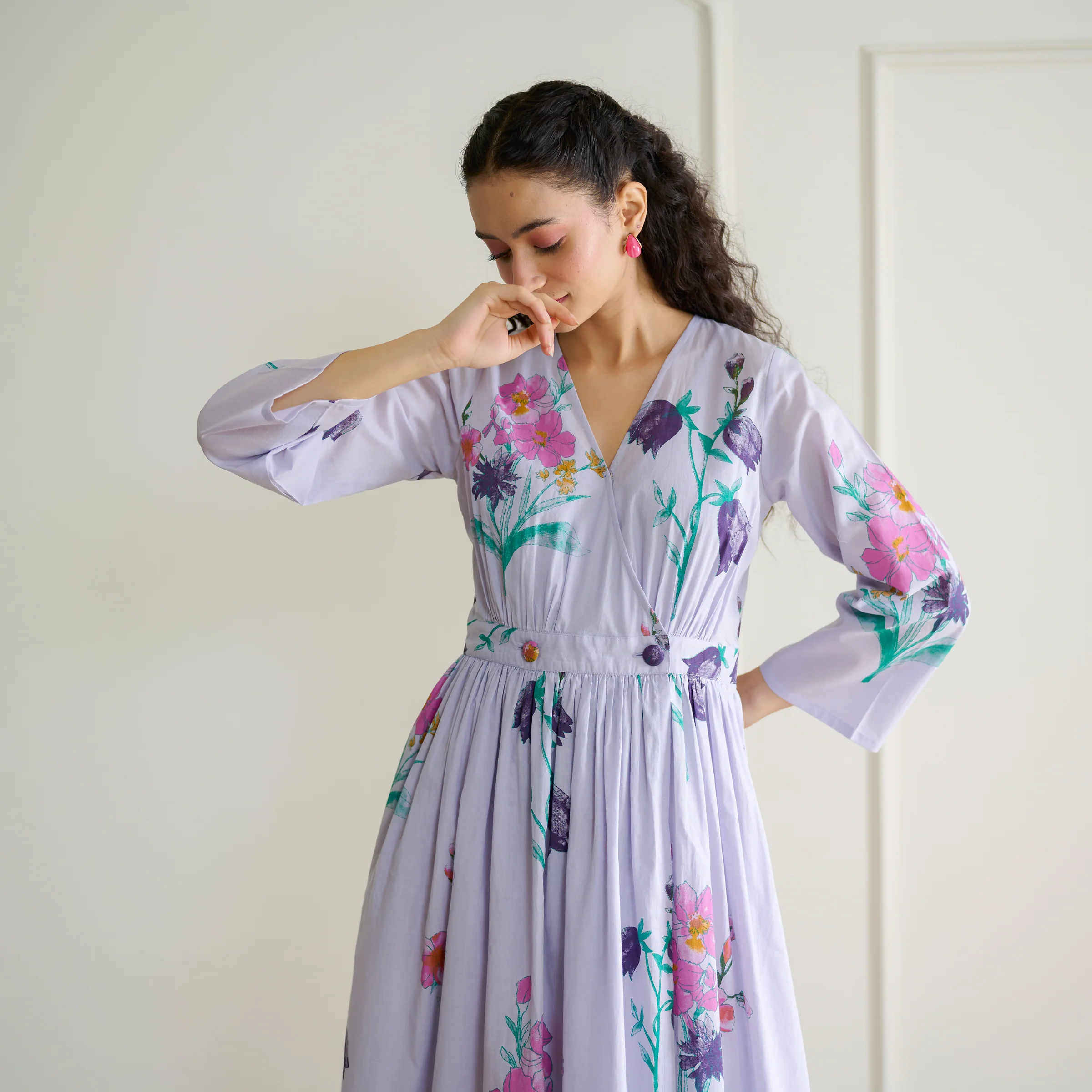 Tulip Cotton Overlap Dress with Mulmul Slip - Lavender - Image 3