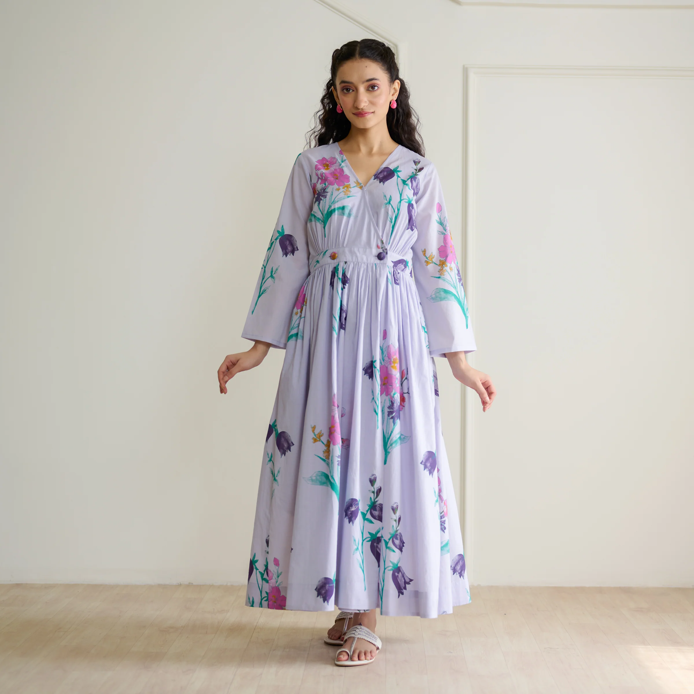 Tulip Cotton Overlap Dress with Mulmul Slip - Lavender - Image 5